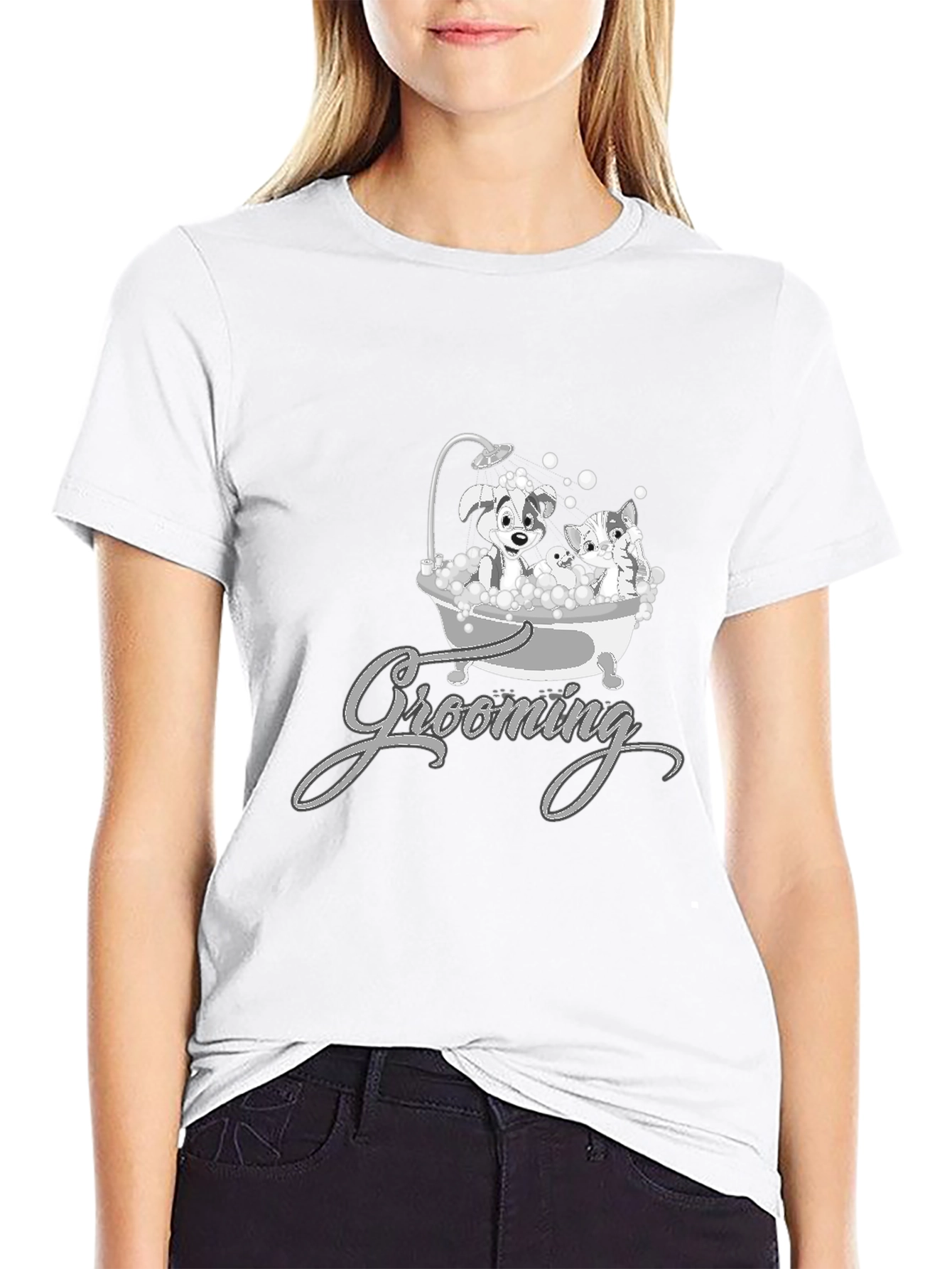 Cute Pet Grooming T-Shirt - Dog and Cat Cartoon
