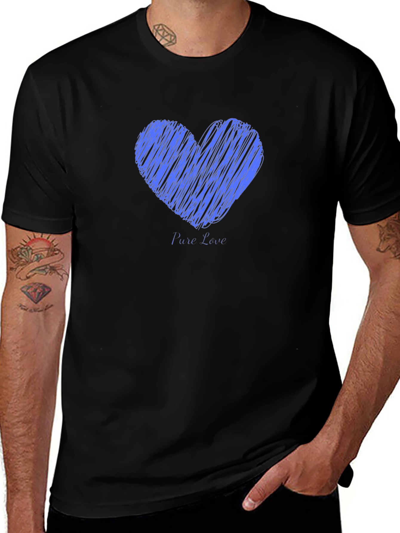 Mens Black T-Shirt with Blue Heart Graphic