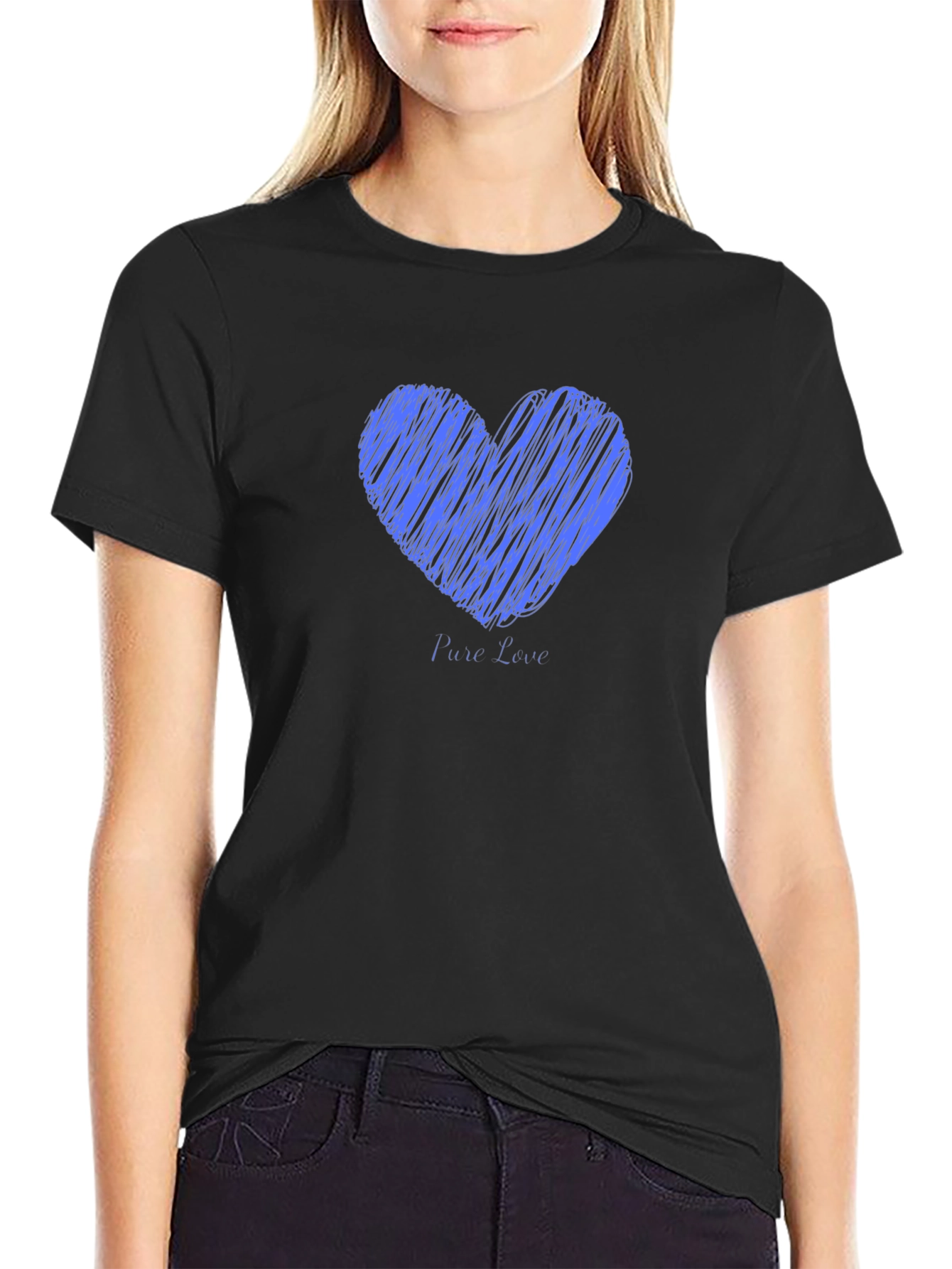 Mens Black T-Shirt with Blue Heart Graphic