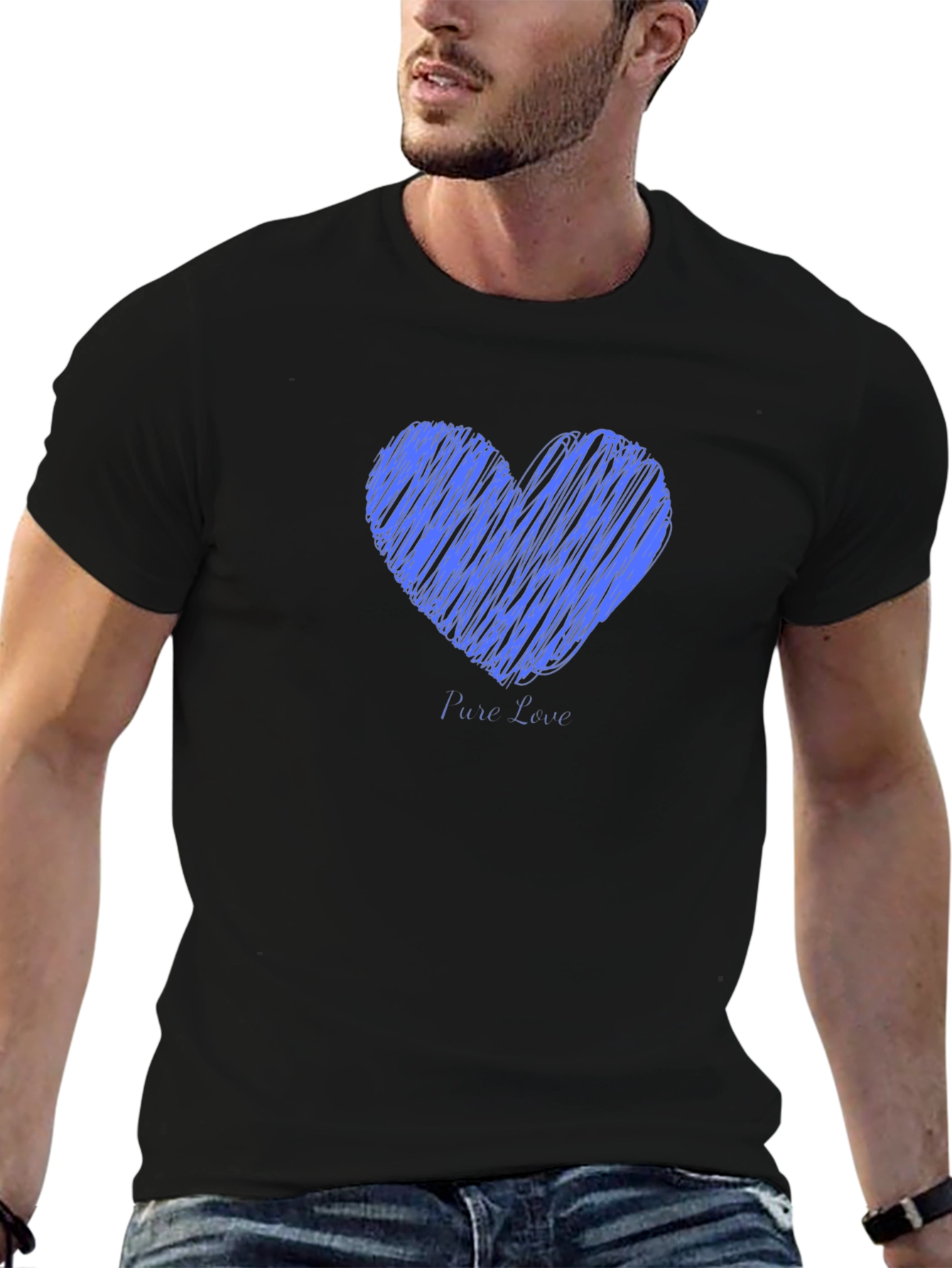 Mens Black T-Shirt with Blue Heart Graphic