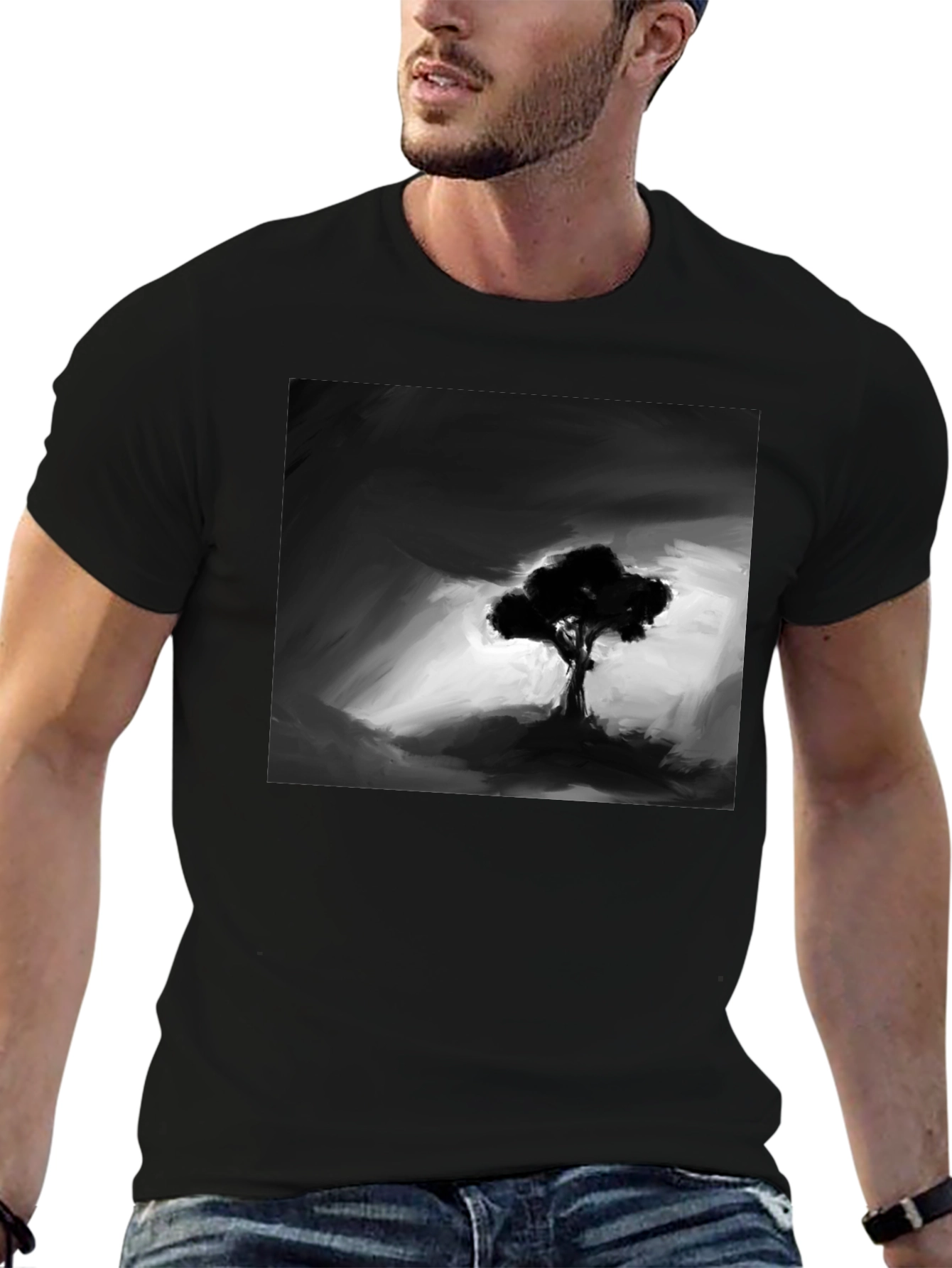 Monochrome Tree Graphic Tee - Stylish Mens Black T-Shirt