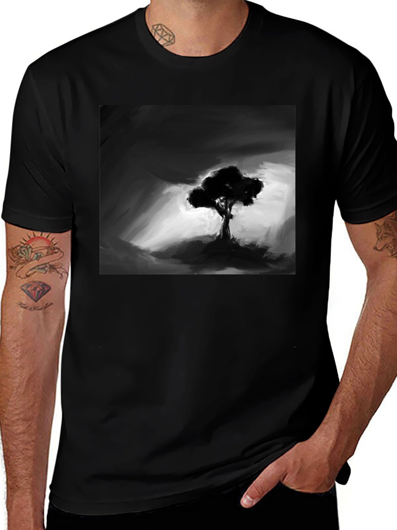 Monochrome Tree Graphic Tee - Stylish Mens Black T-Shirt