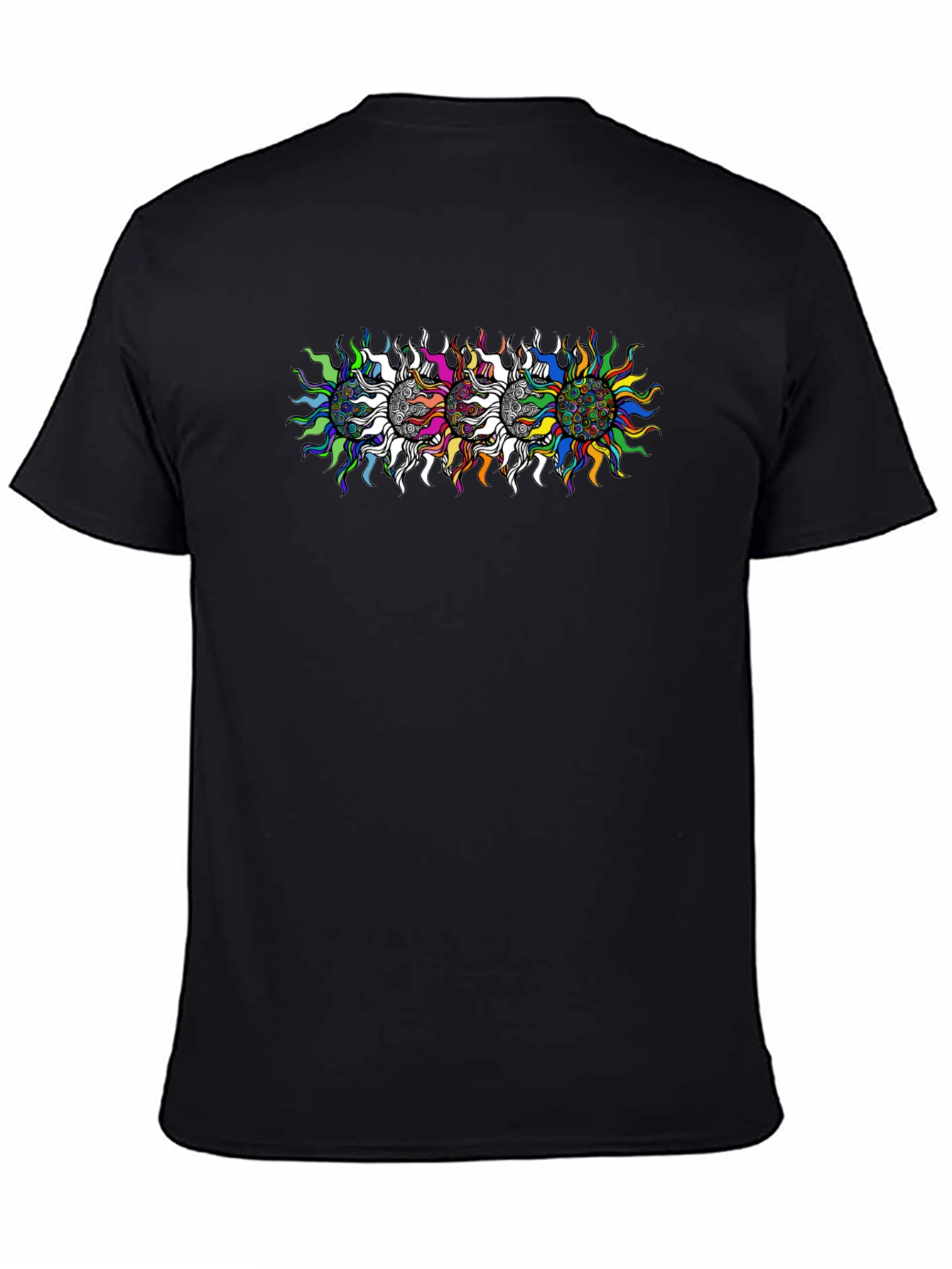 Mens Black T-Shirt with Psychedelic Sun Design