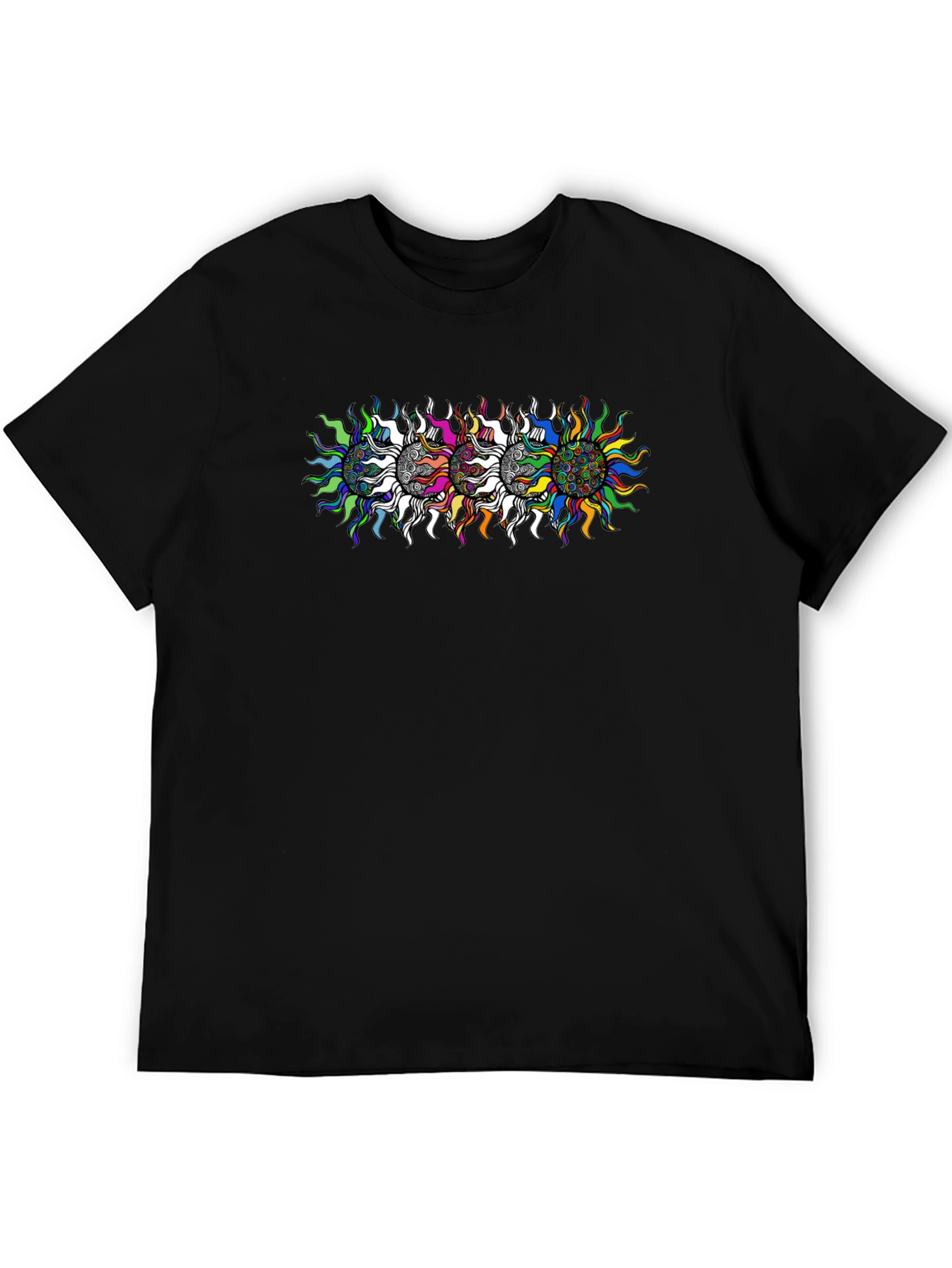 Mens Black T-Shirt with Psychedelic Sun Design