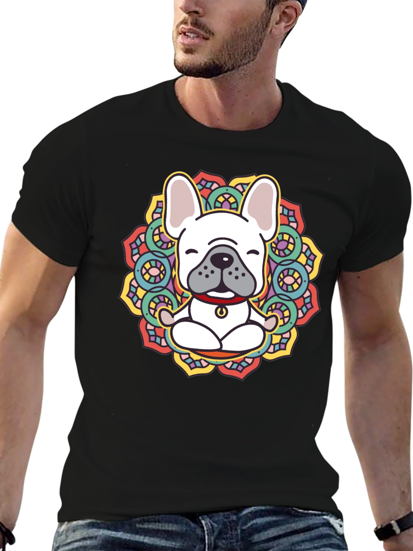 Zen Dog Tee: Meditating Bulldog Mandala Graphic T-Shirt