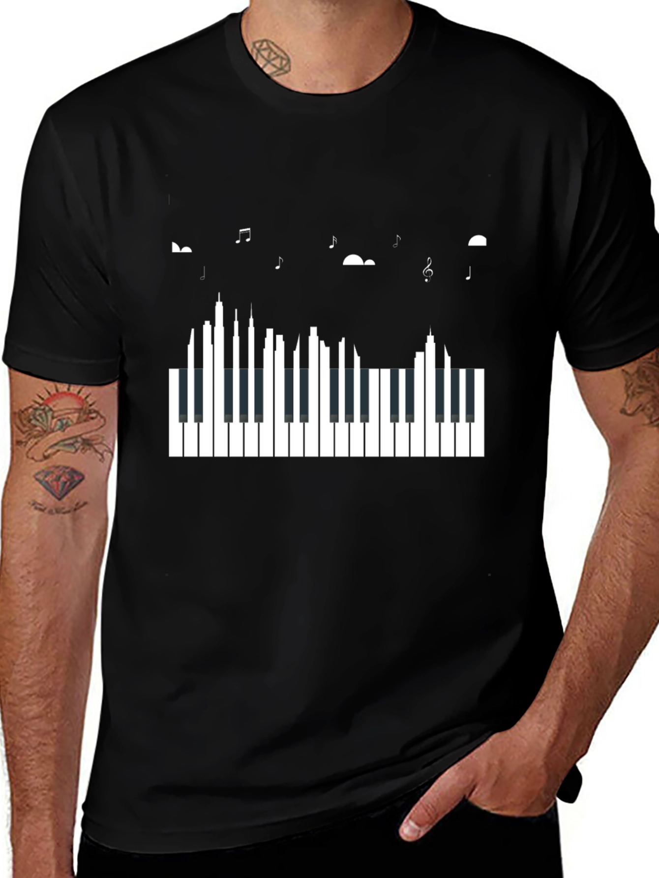 Piano Keys & Music Notes Black Graphic Tee