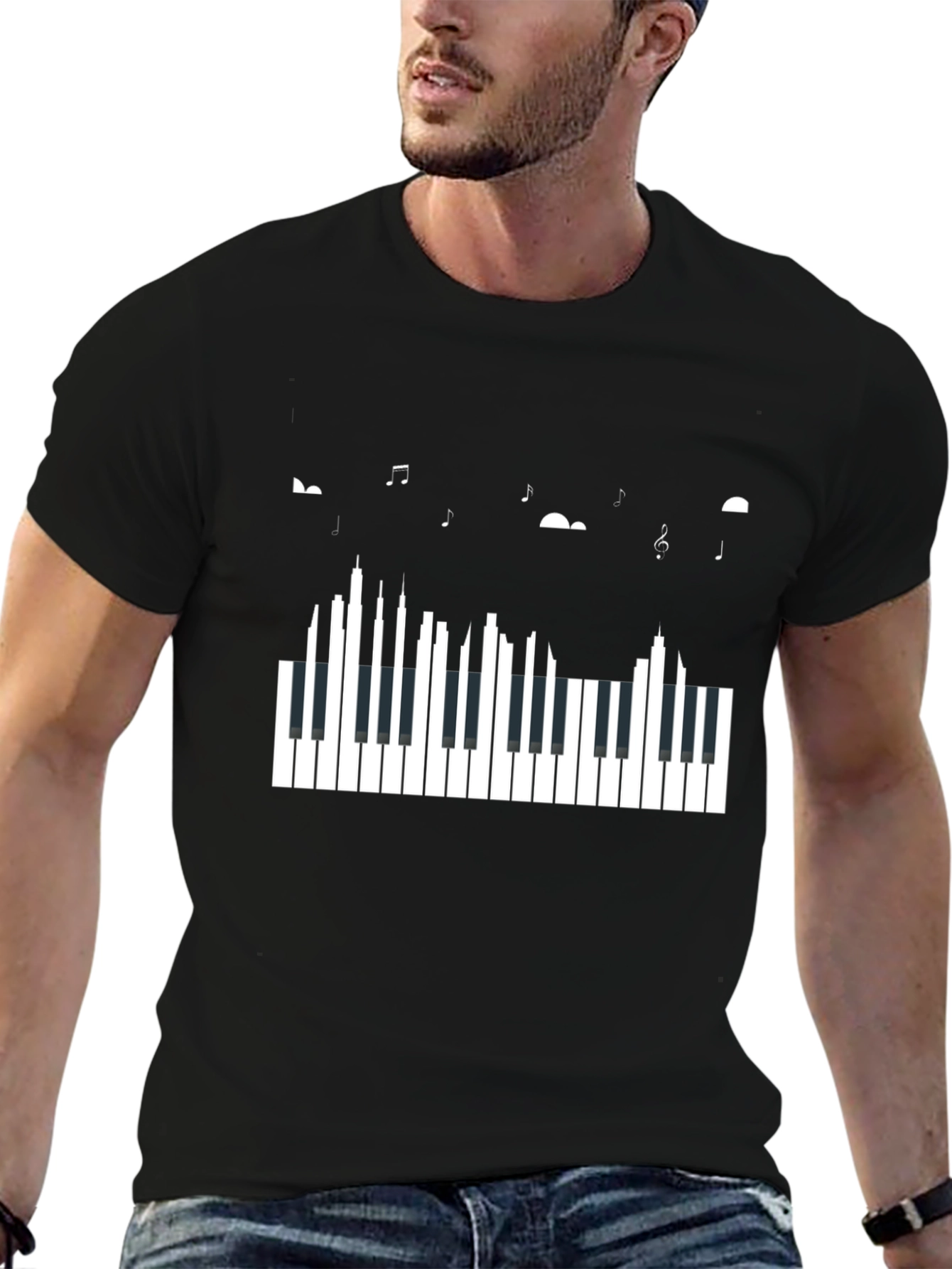 Piano Keys & Music Notes Black Graphic Tee