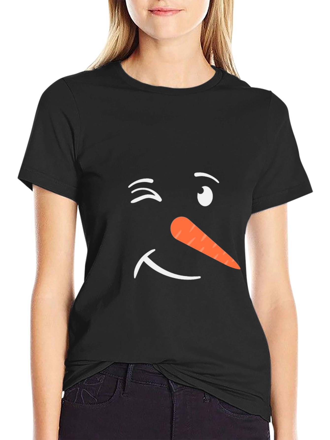 Winking Snowman Face Black T-Shirt