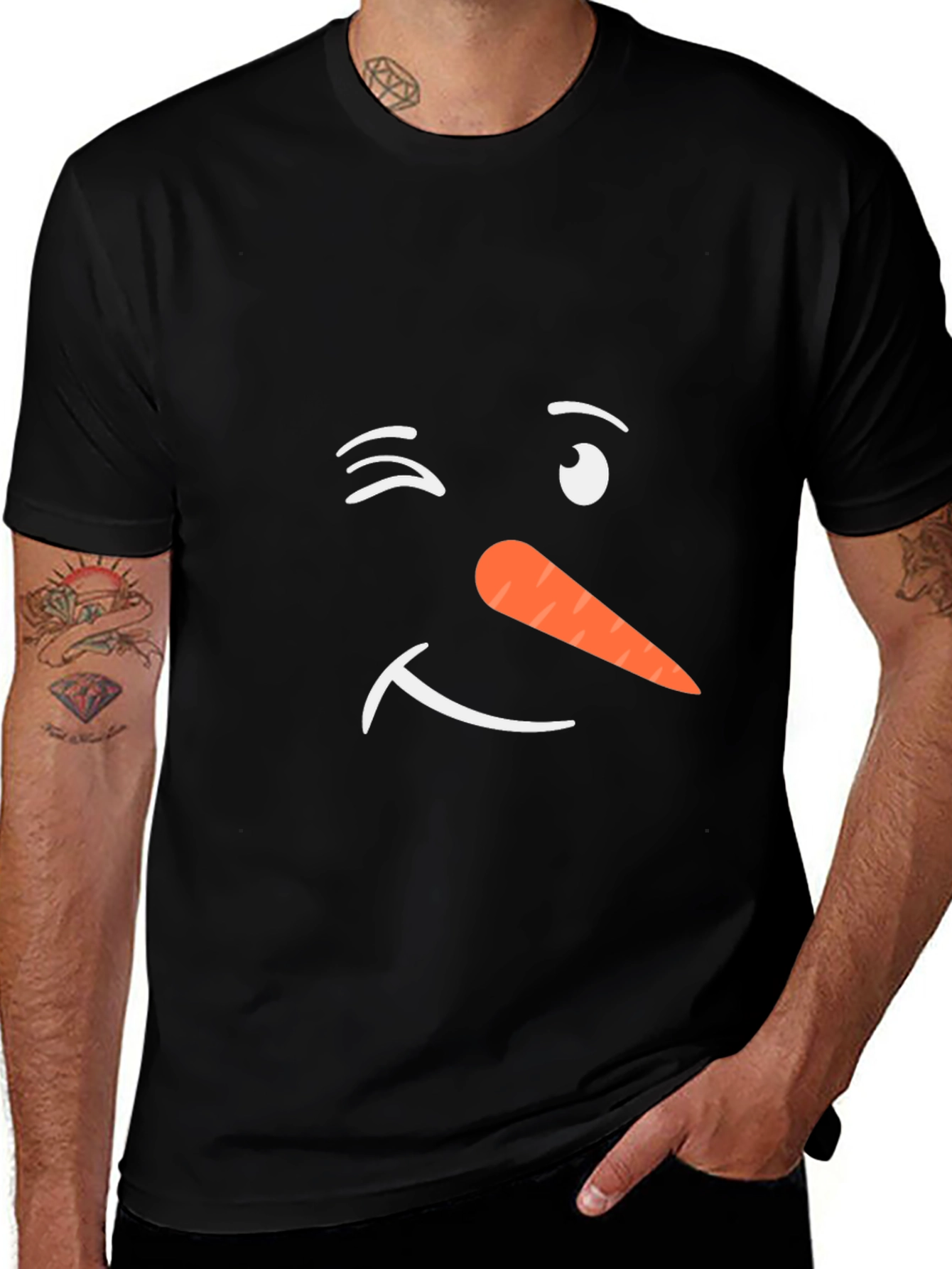 Winking Snowman Face Black T-Shirt