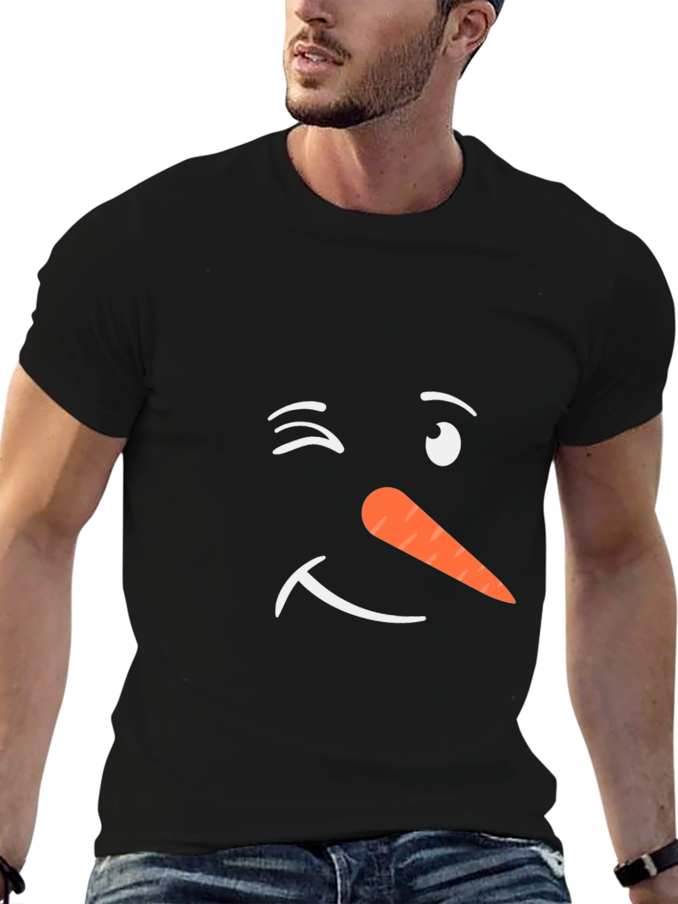 Winking Snowman Face Black T-Shirt