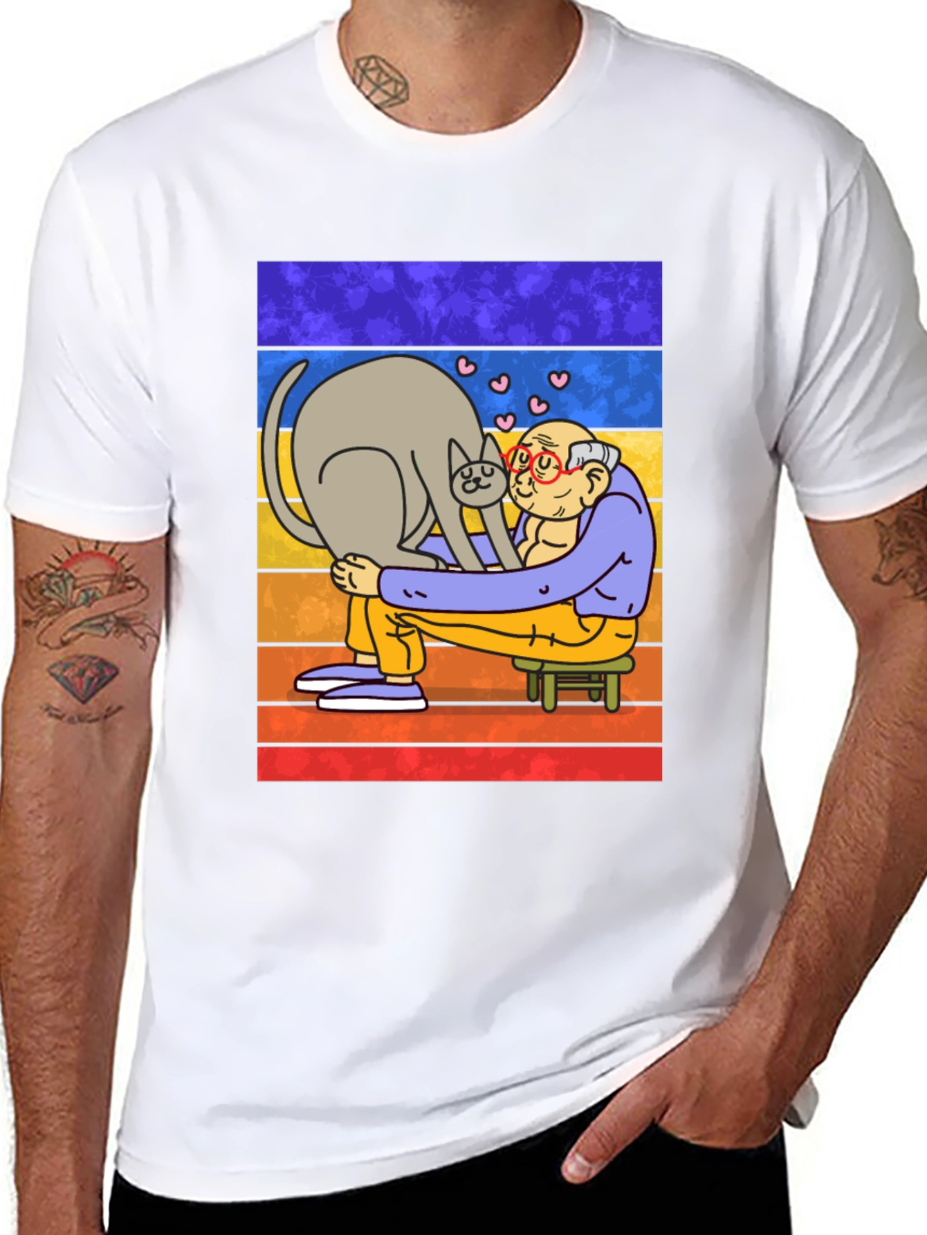 Cat Lover T-Shirt - Cartoon Grandpa Hugging Cat