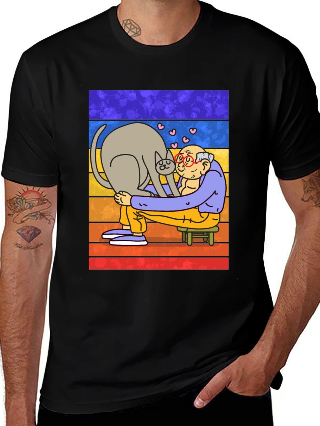 Cat Lover T-Shirt - Cartoon Grandpa Hugging Cat