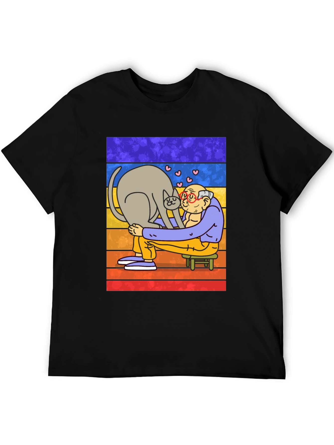 Cat Lover T-Shirt - Cartoon Grandpa Hugging Cat