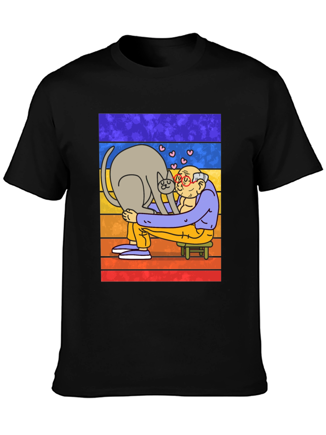 Cat Lover T-Shirt - Cartoon Grandpa Hugging Cat