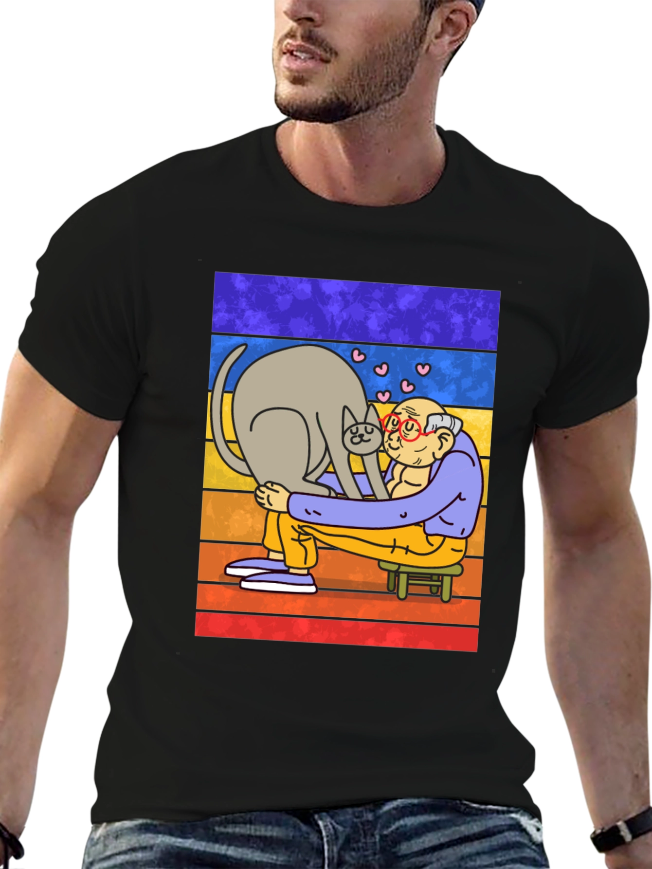 Cat Lover T-Shirt - Cartoon Grandpa Hugging Cat