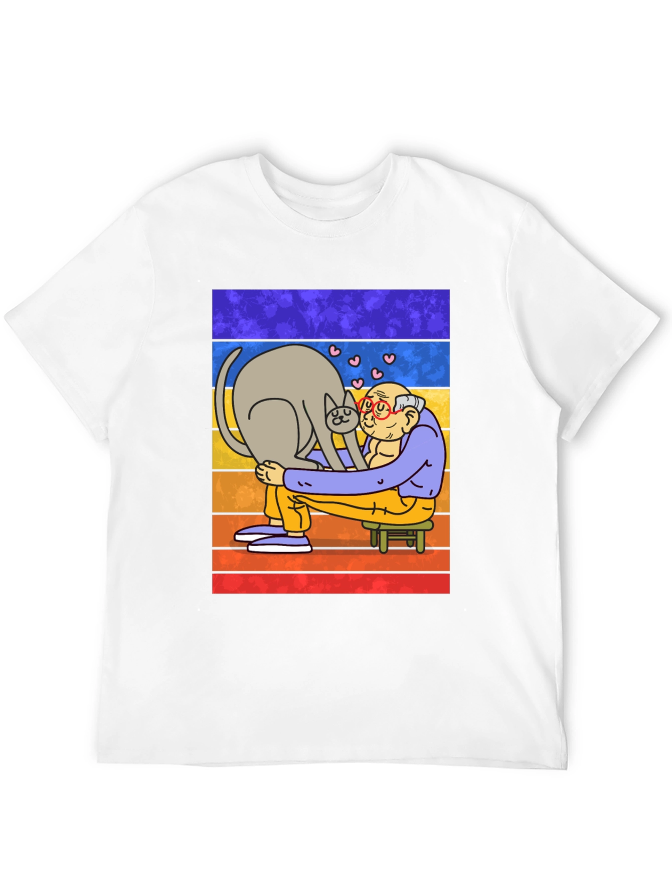 Cat Lover T-Shirt - Cartoon Grandpa Hugging Cat