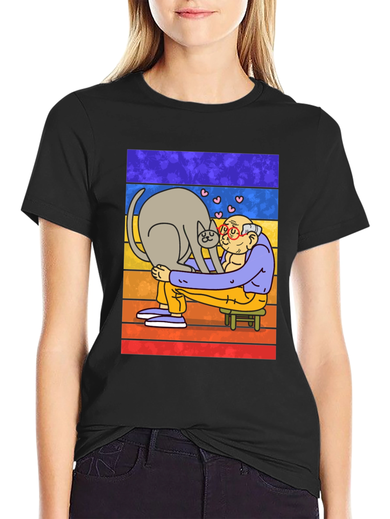 Cat Lover T-Shirt - Cartoon Grandpa Hugging Cat