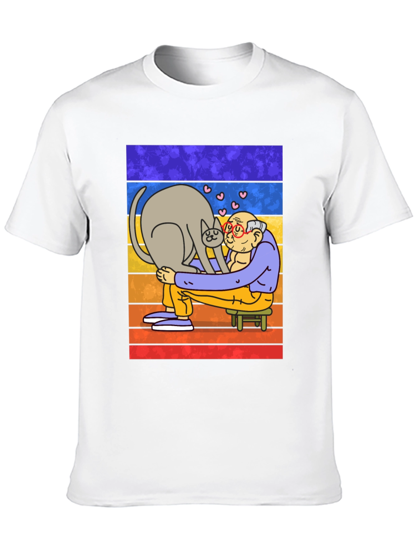 Cat Lover T-Shirt - Cartoon Grandpa Hugging Cat