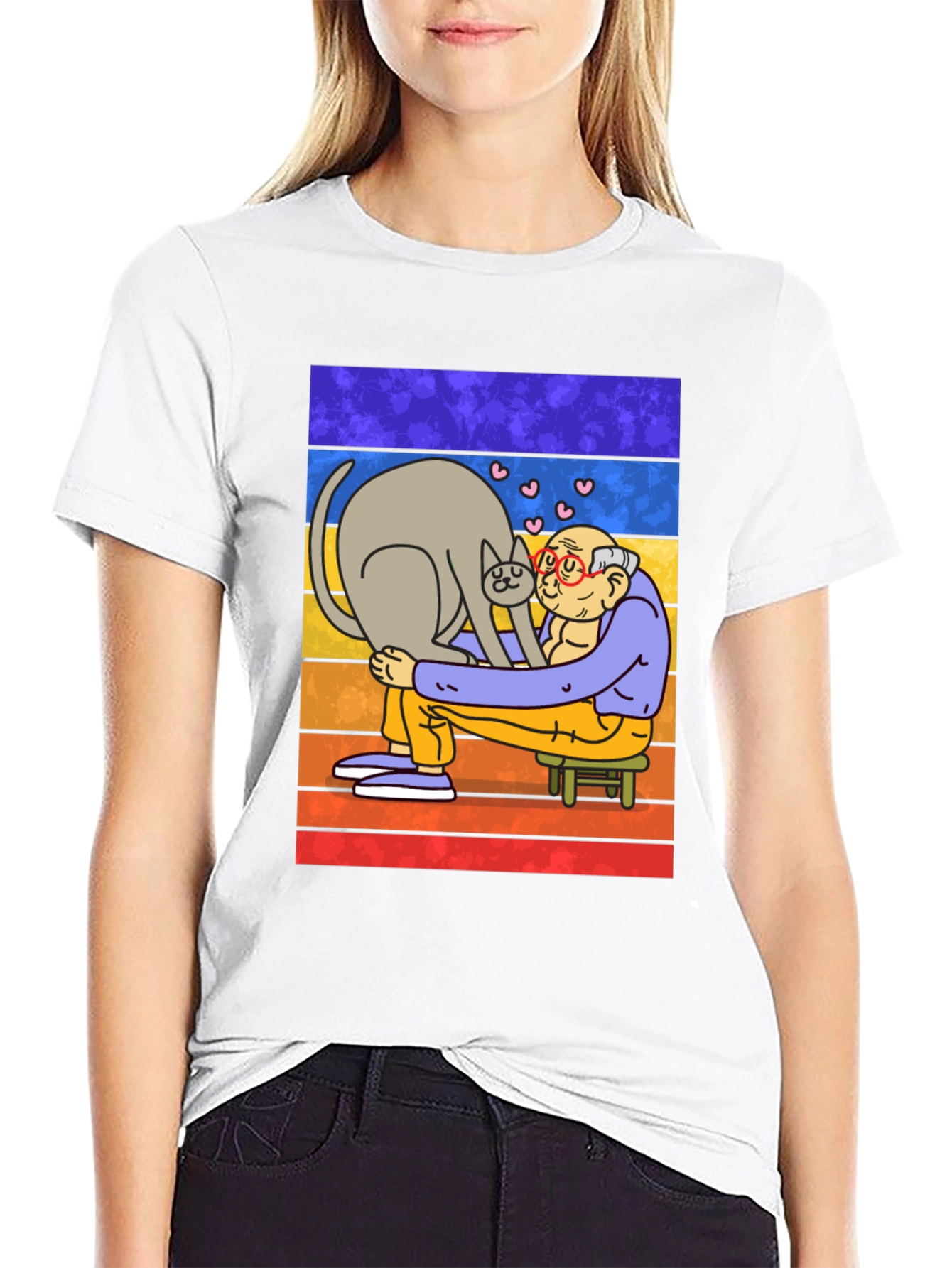 Cat Lover T-Shirt - Cartoon Grandpa Hugging Cat