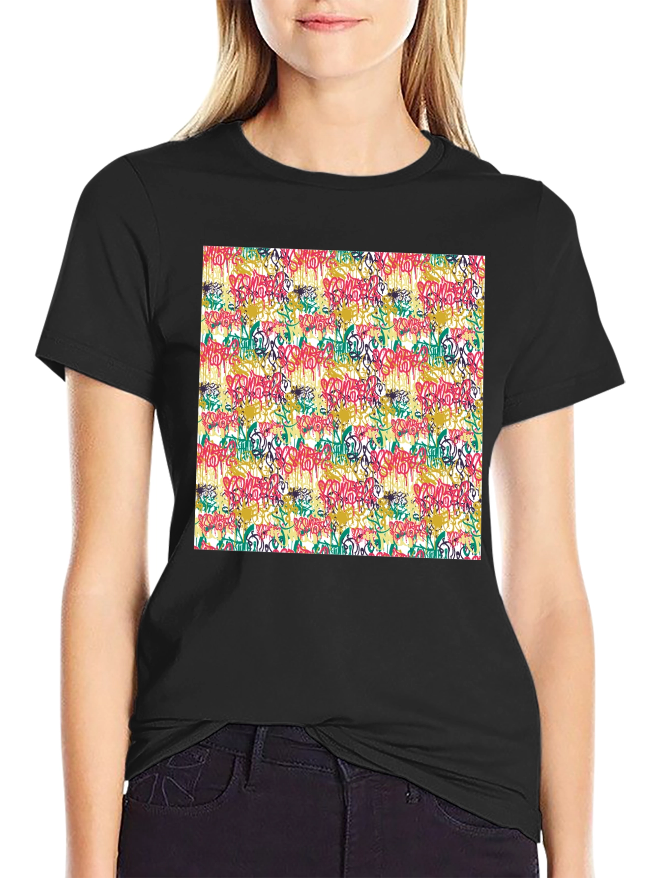 Graffiti Print Black Crew Neck T-Shirt