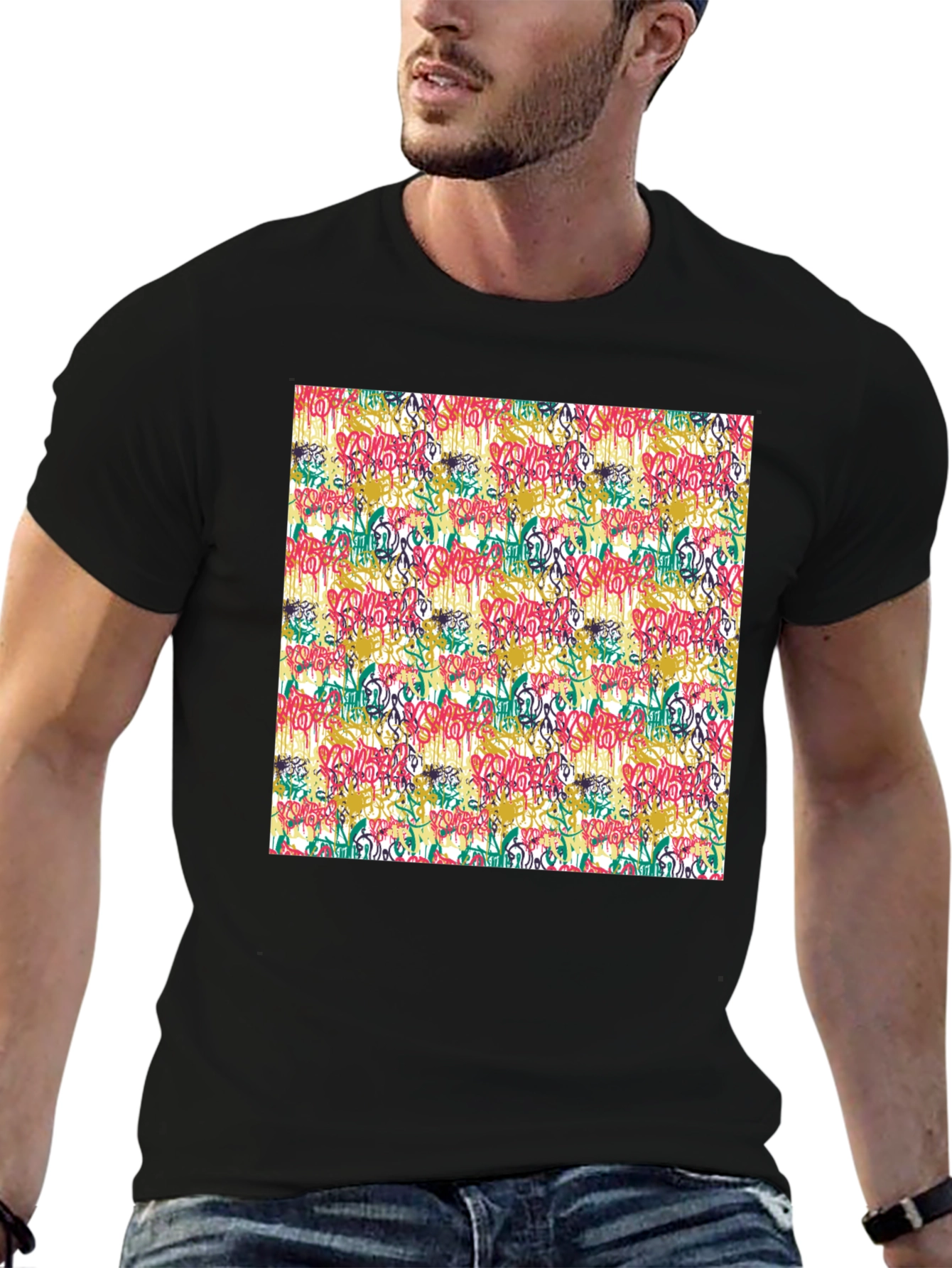 Graffiti Print Black Crew Neck T-Shirt