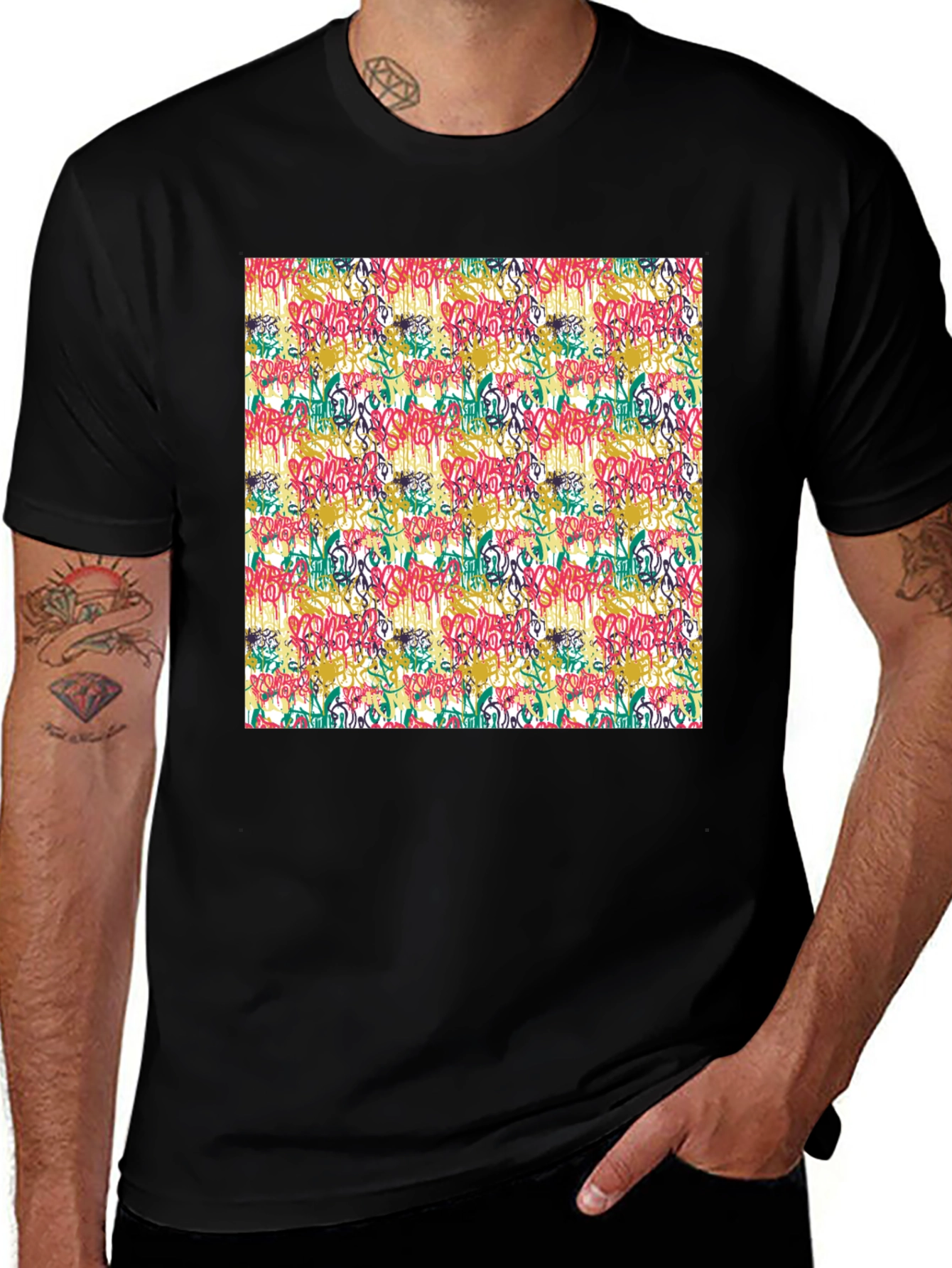 Graffiti Print Black Crew Neck T-Shirt