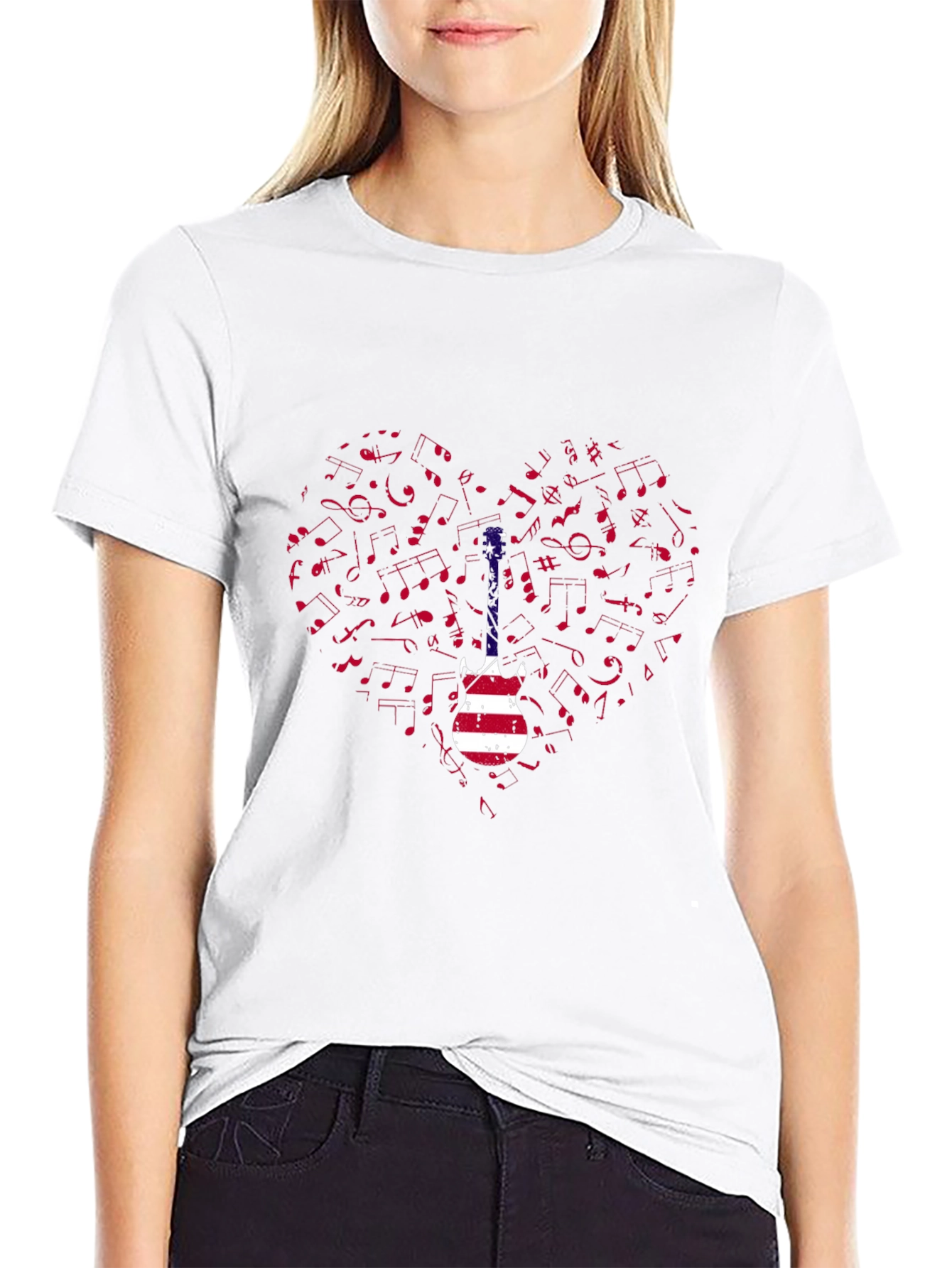 Patriotic Guitar Heart Music Notes Graphic Tee
