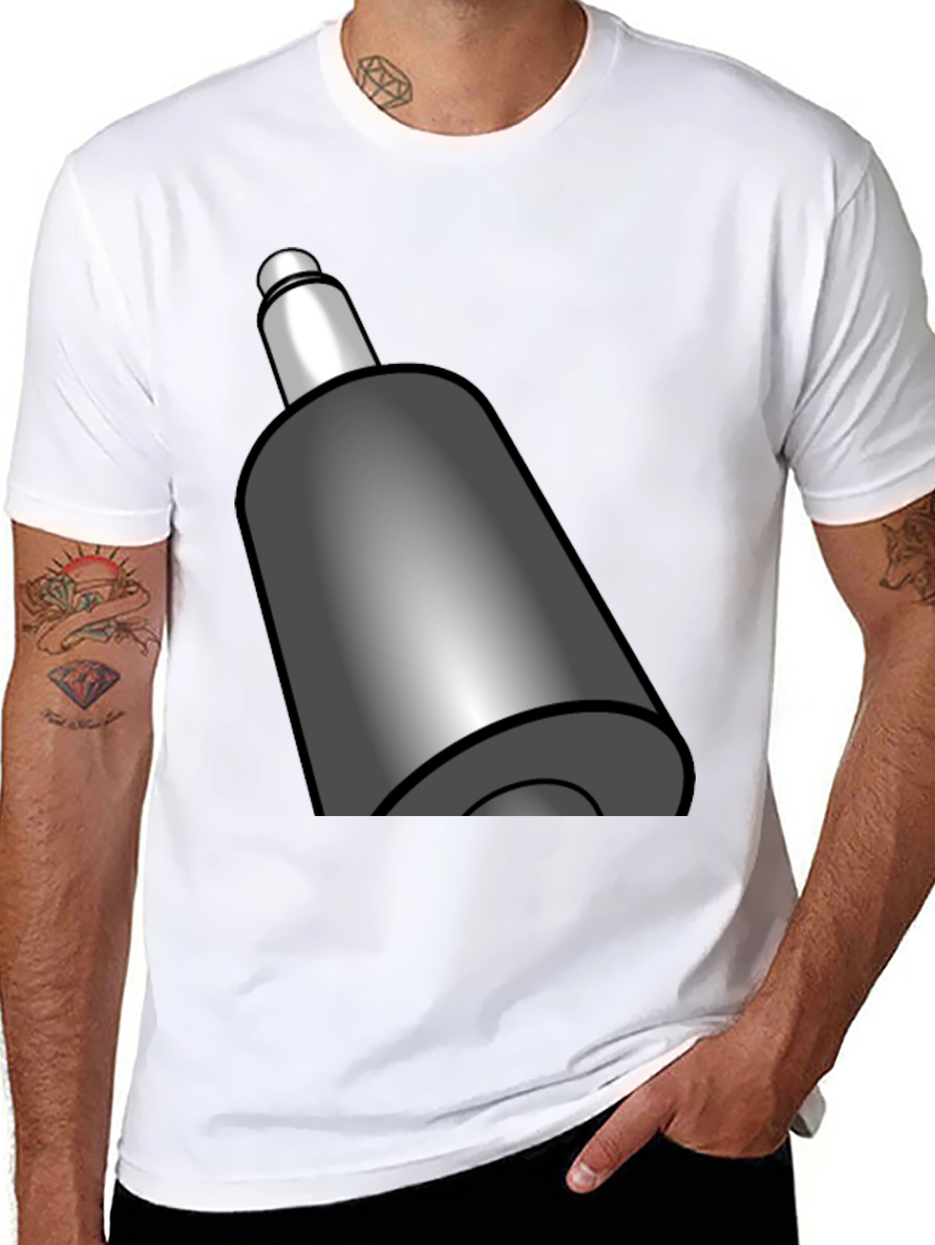 Novelty Black T-Shirt with Cartoony Gray Bullet Design