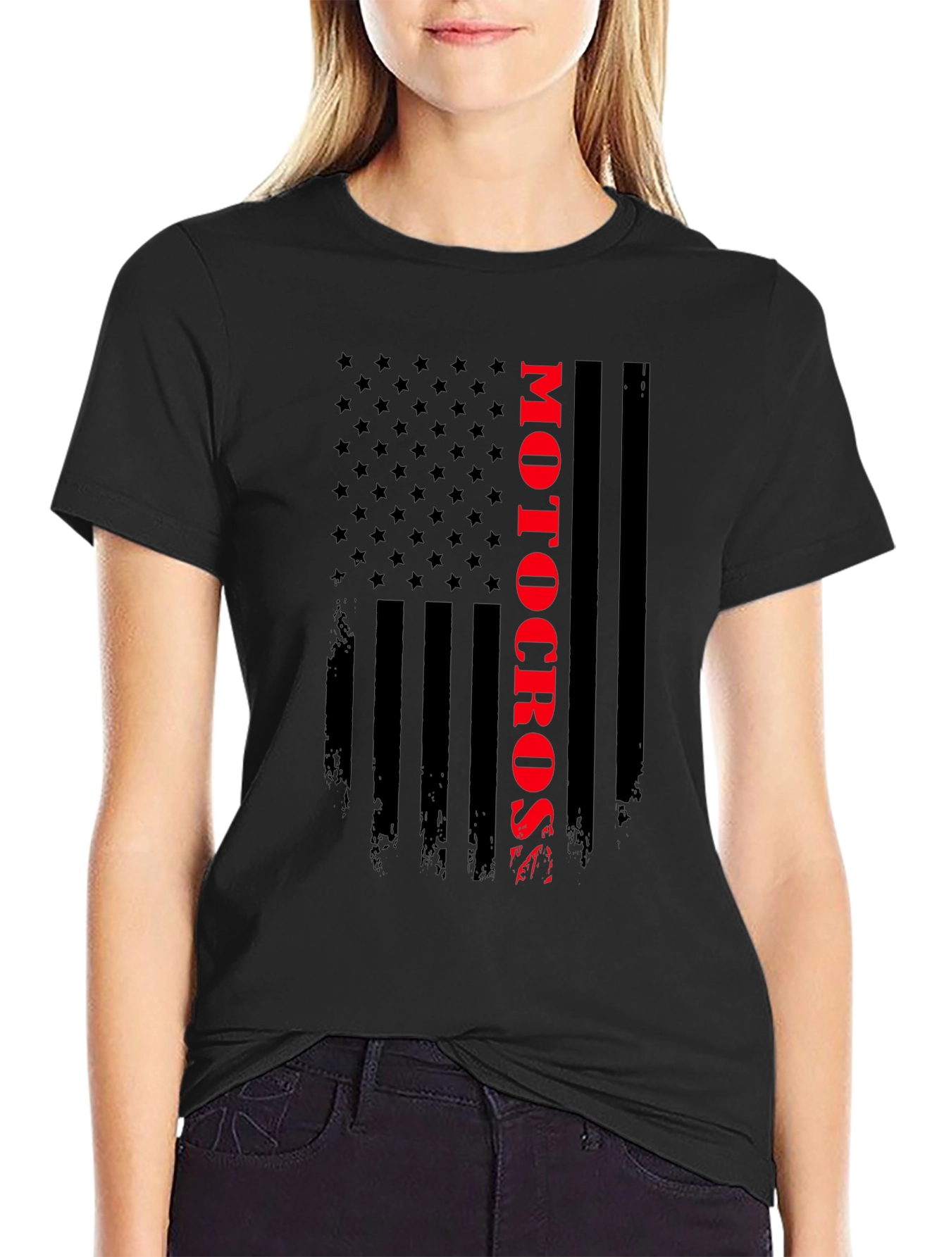 Motocross American Flag Black T-Shirt