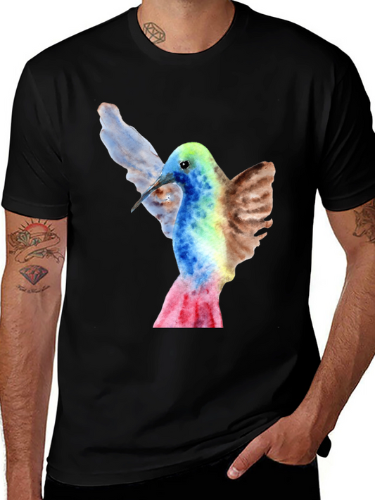 Hummingbird Watercolor Graphic Tee - Black Cotton Blend