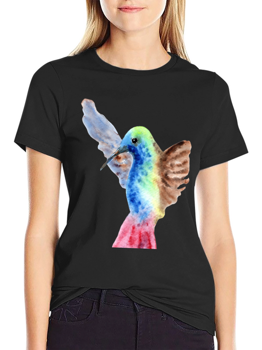 Hummingbird Watercolor Graphic Tee - Black Cotton Blend