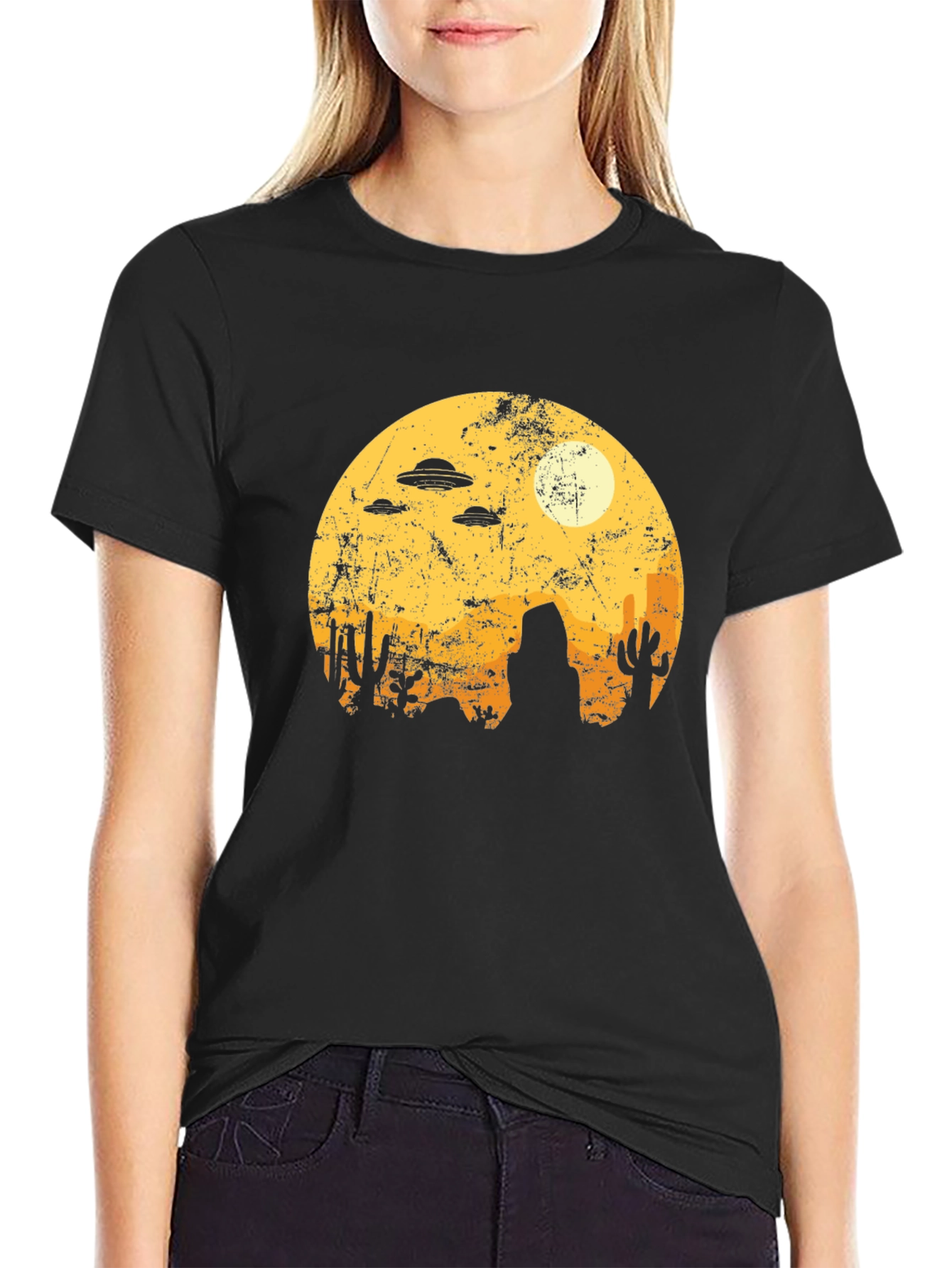 Retro Desert Alien UFO Graphic Tee - Black