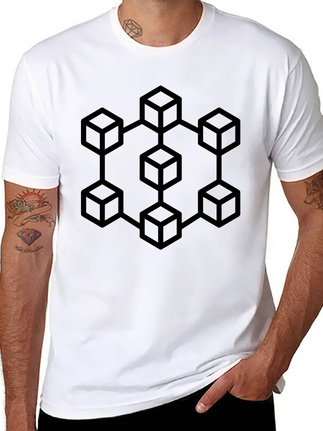 Geometric Cube Link Graphic Tee - Modern Black T-Shirt