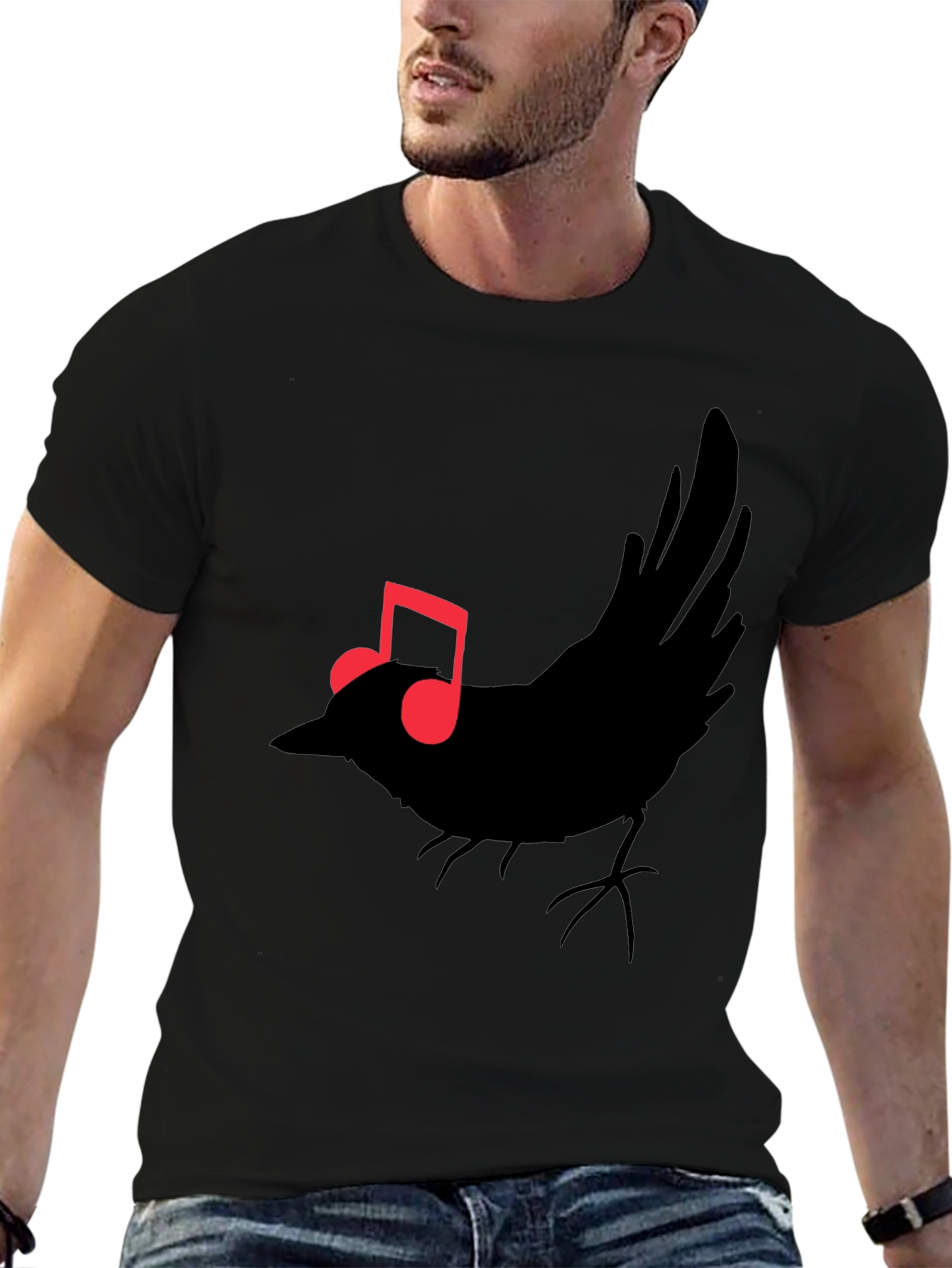 Musical Bird Graphic Tee - Black Cotton T-Shirt