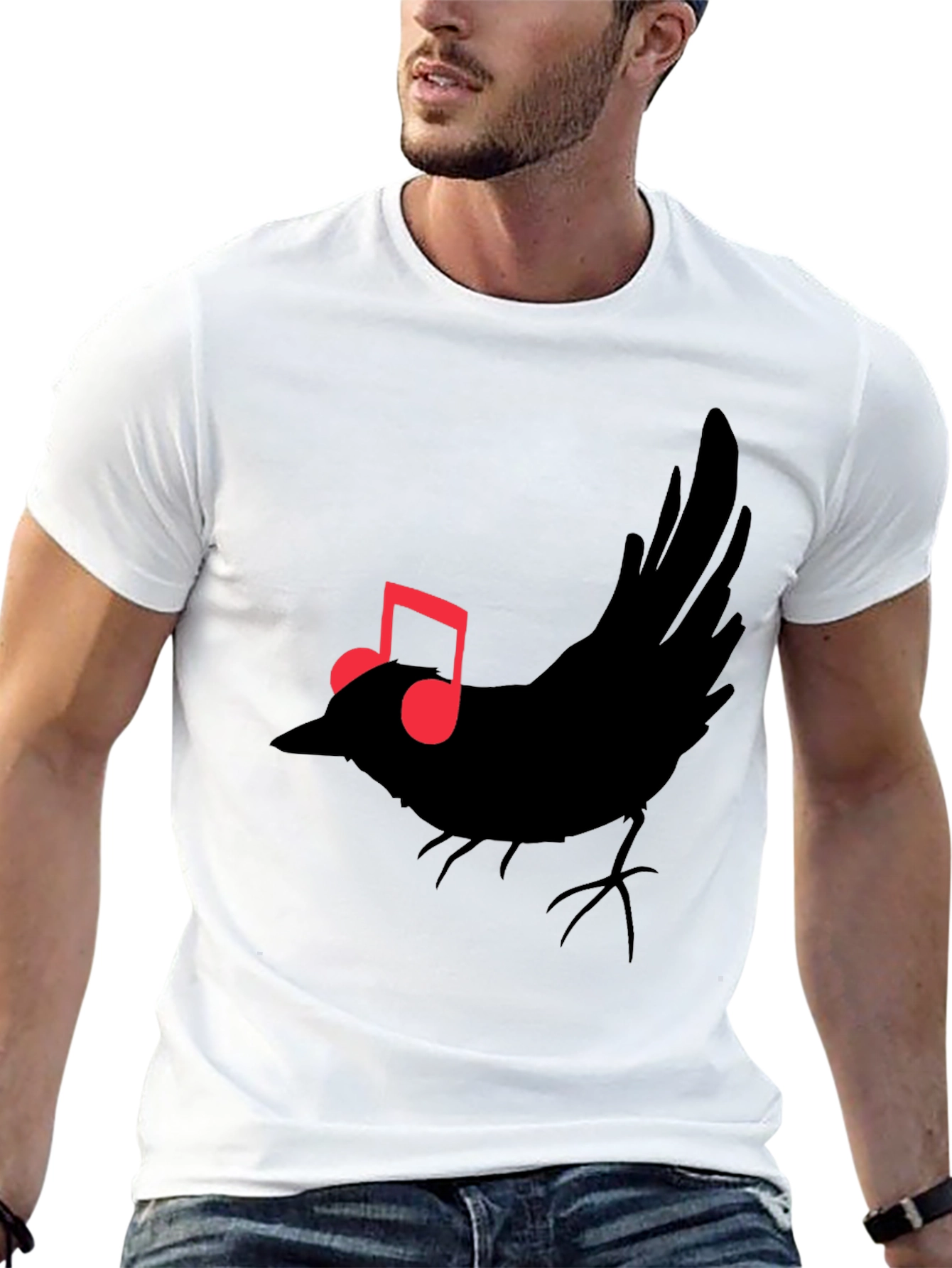 Musical Bird Graphic Tee - Black Cotton T-Shirt