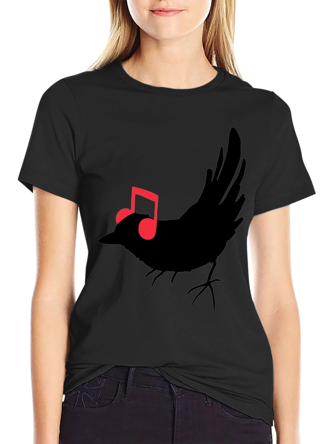 Musical Bird Graphic Tee - Black Cotton T-Shirt