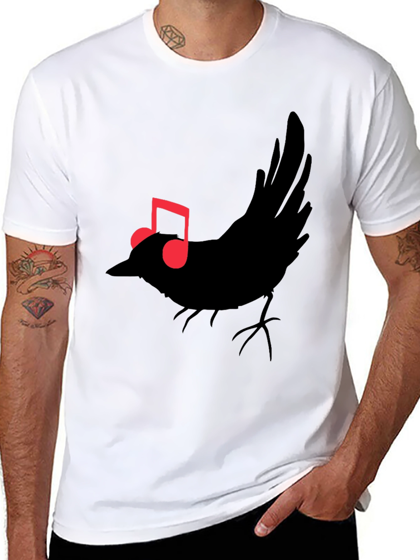 Musical Bird Graphic Tee - Black Cotton T-Shirt
