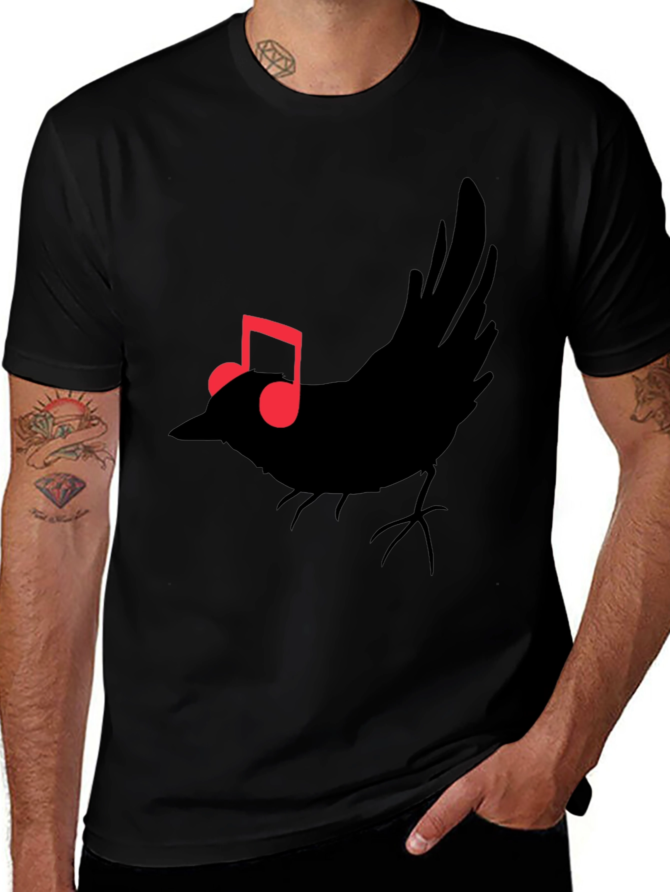 Musical Bird Graphic Tee - Black Cotton T-Shirt