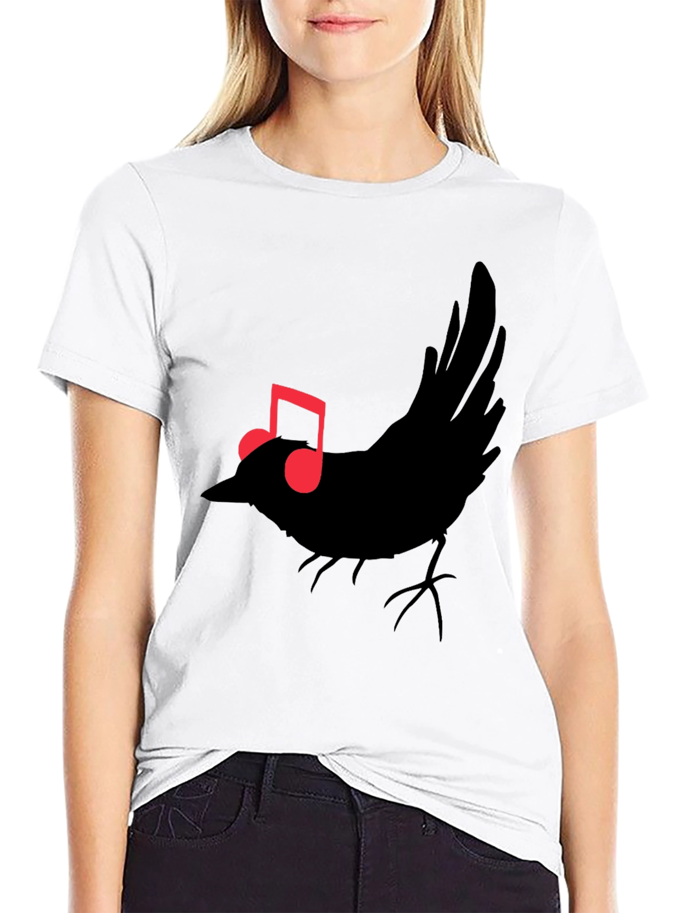 Musical Bird Graphic Tee - Black Cotton T-Shirt
