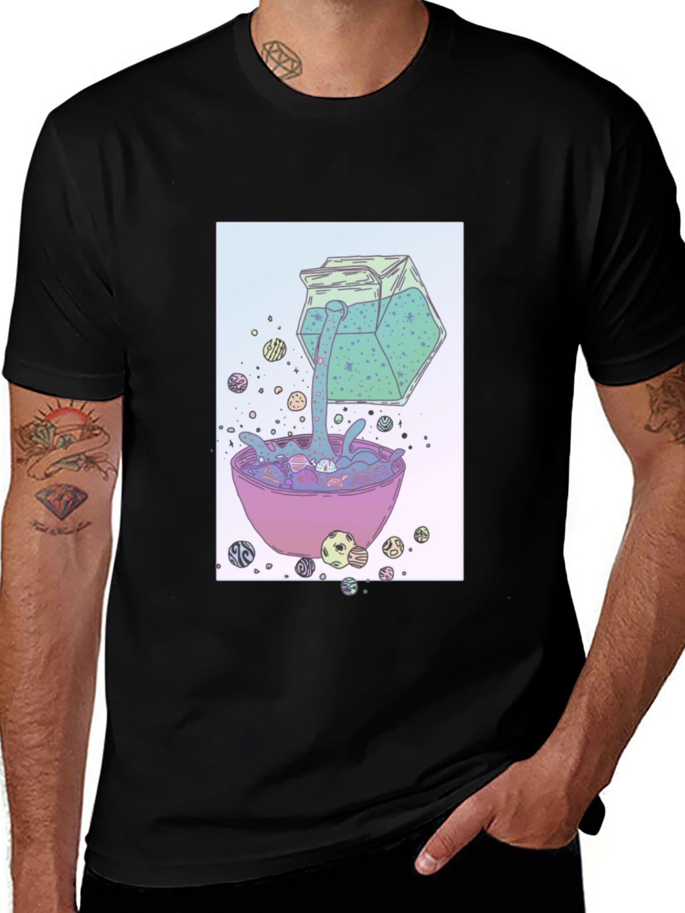 Surreal Cereal Cartoon Graphic Print Black T-Shirt