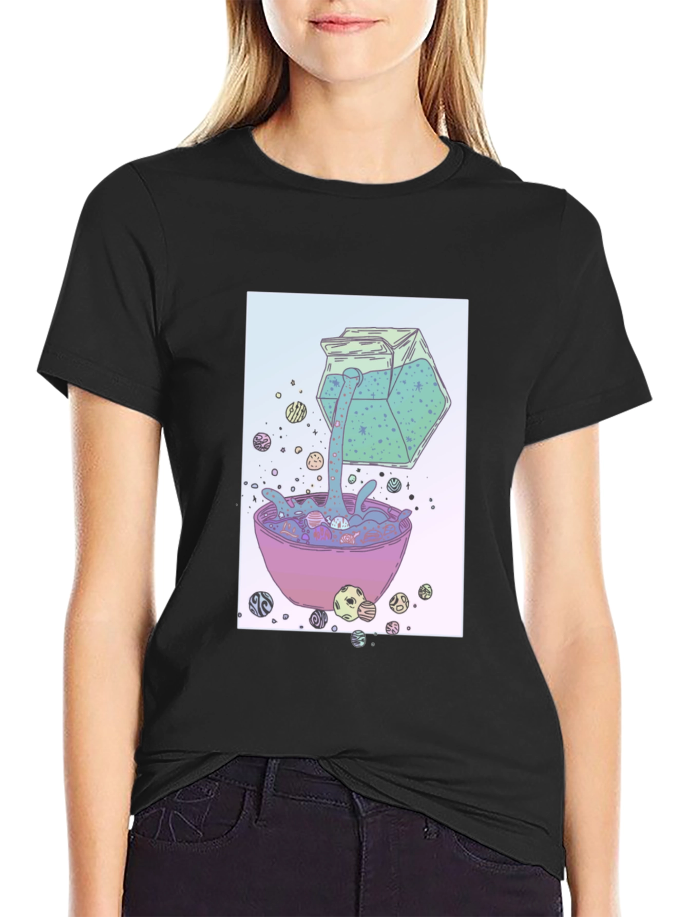 Surreal Cereal Cartoon Graphic Print Black T-Shirt