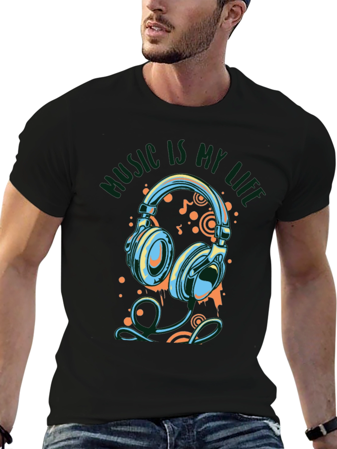 Music Is My Life Graphic Print Black T-Shirt