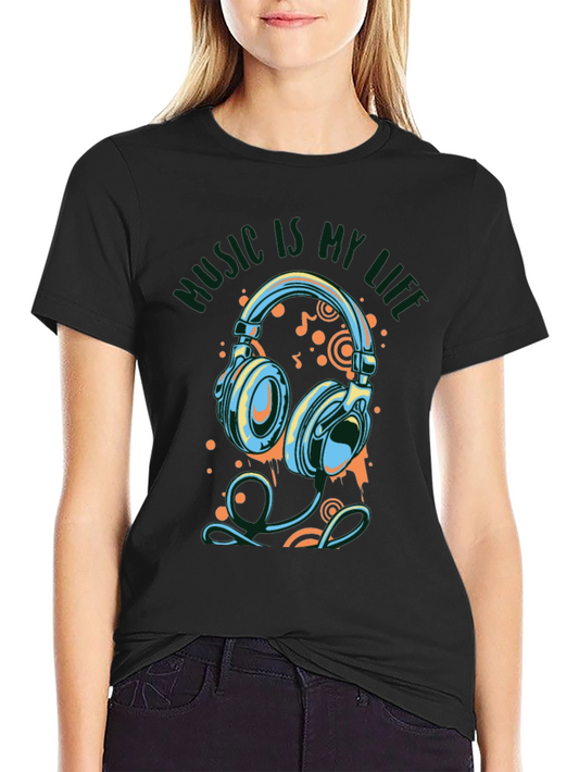 Music Is My Life Graphic Print Black T-Shirt