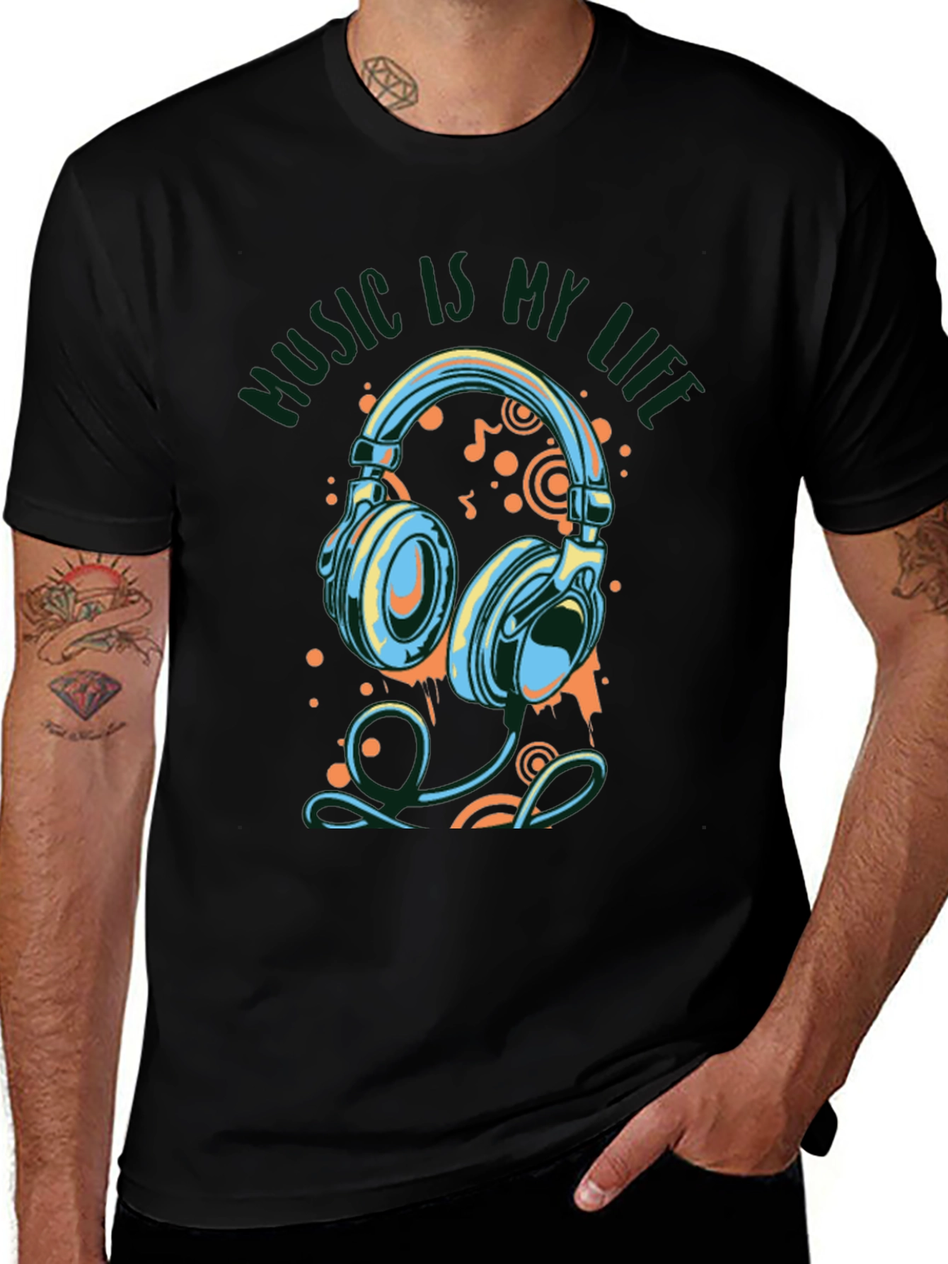 Music Is My Life Graphic Print Black T-Shirt