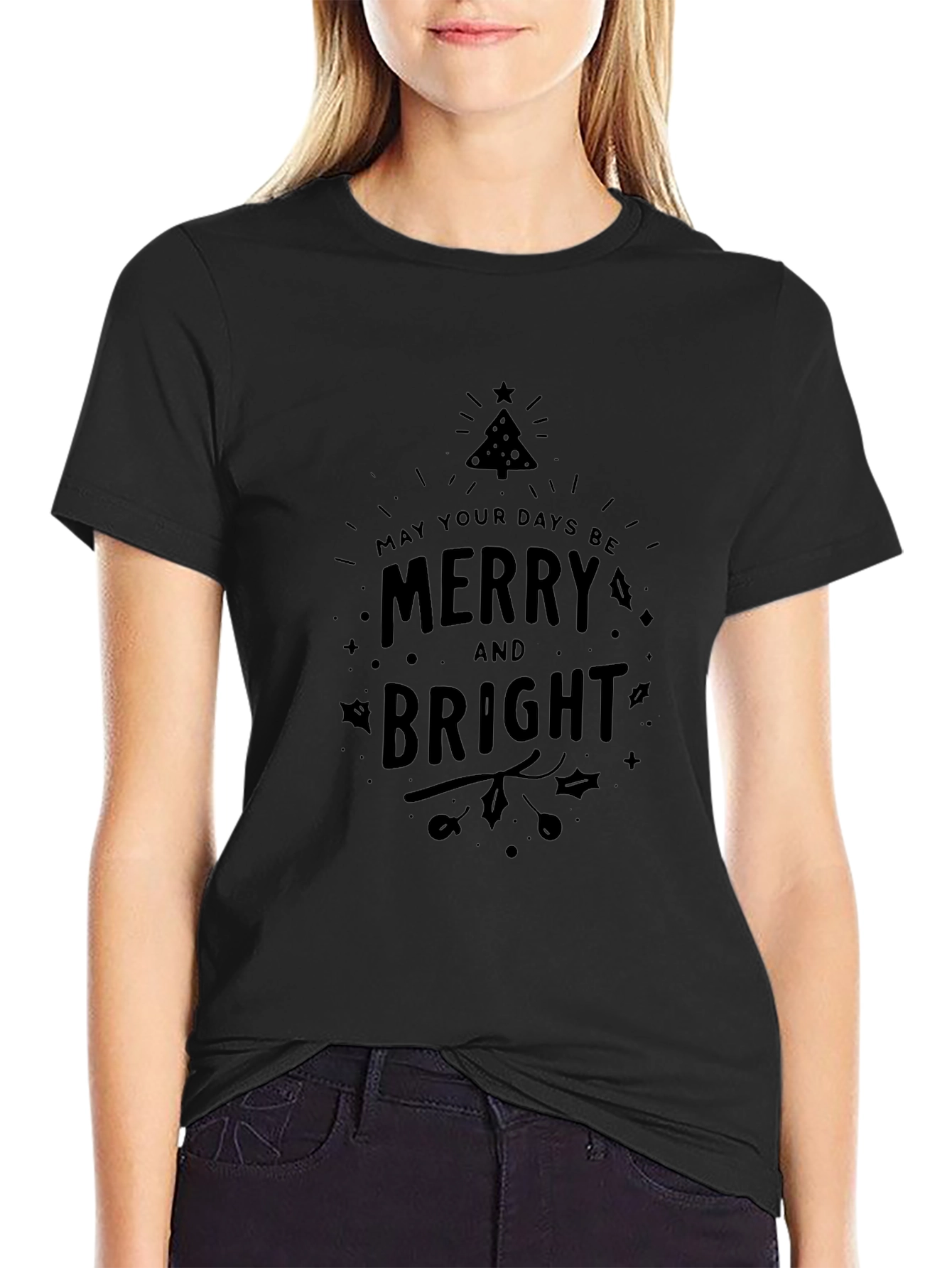 Merry and Bright Holiday Graphic Tee - Black