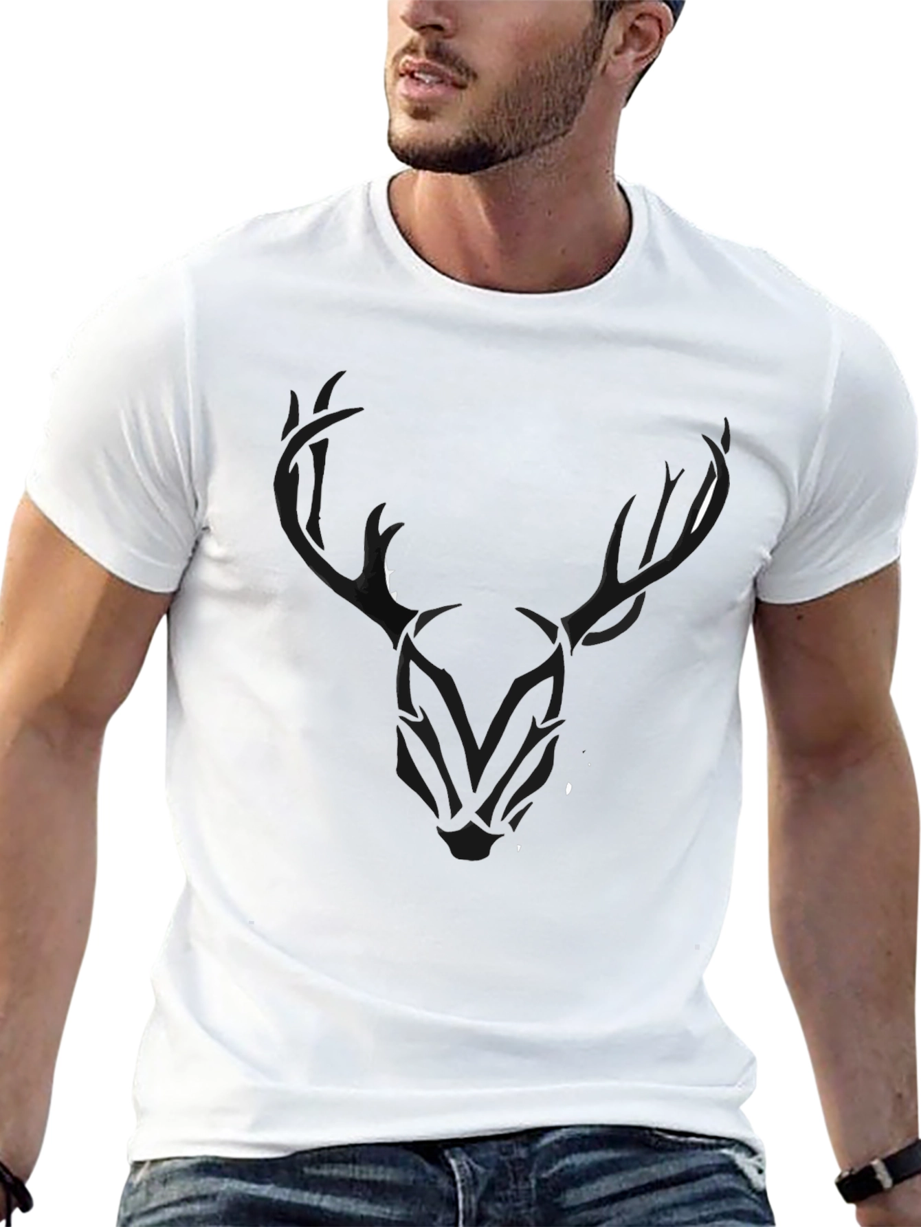 Mens Black T-Shirt with Stylized Deer Head Graphic