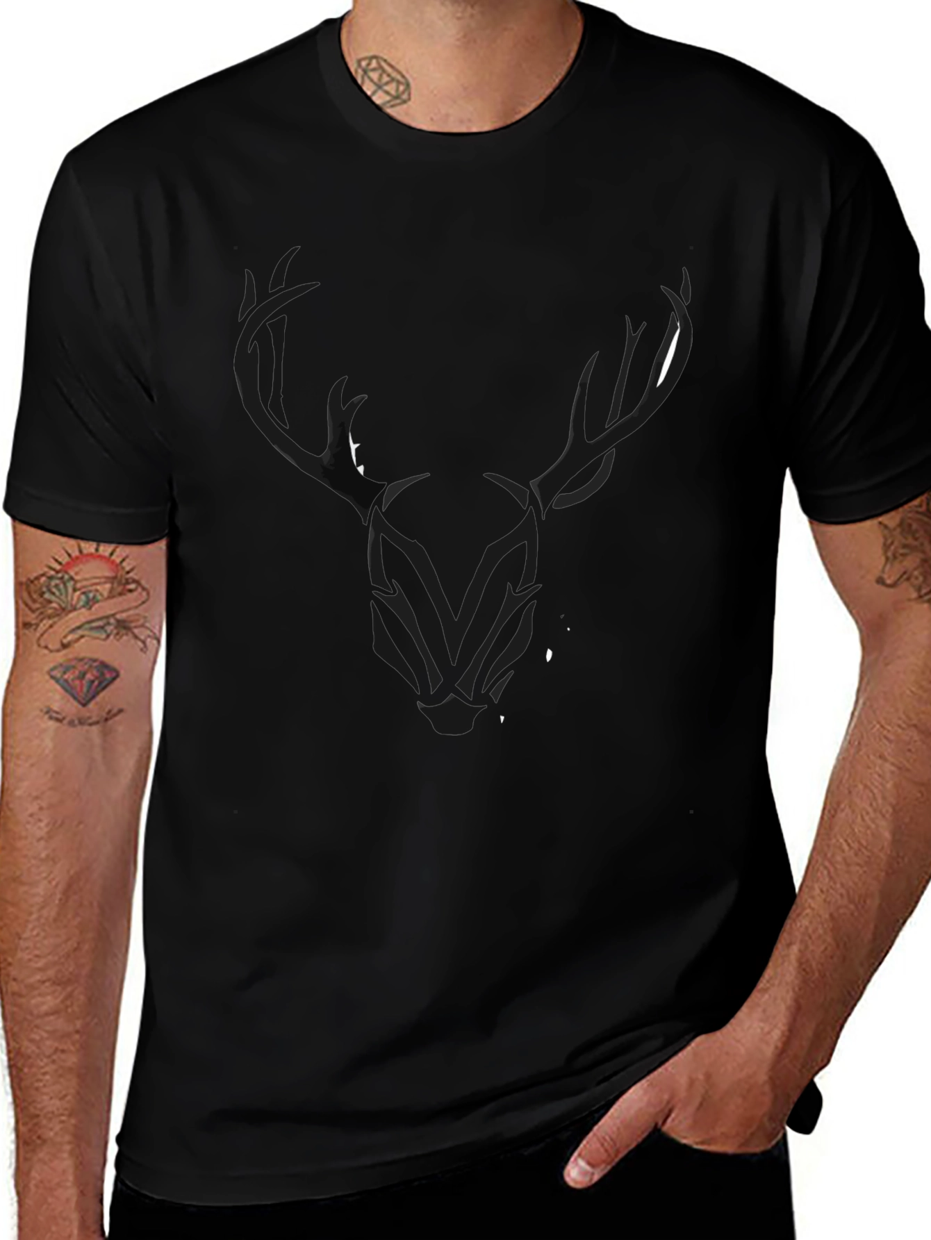 Mens Black T-Shirt with Stylized Deer Head Graphic