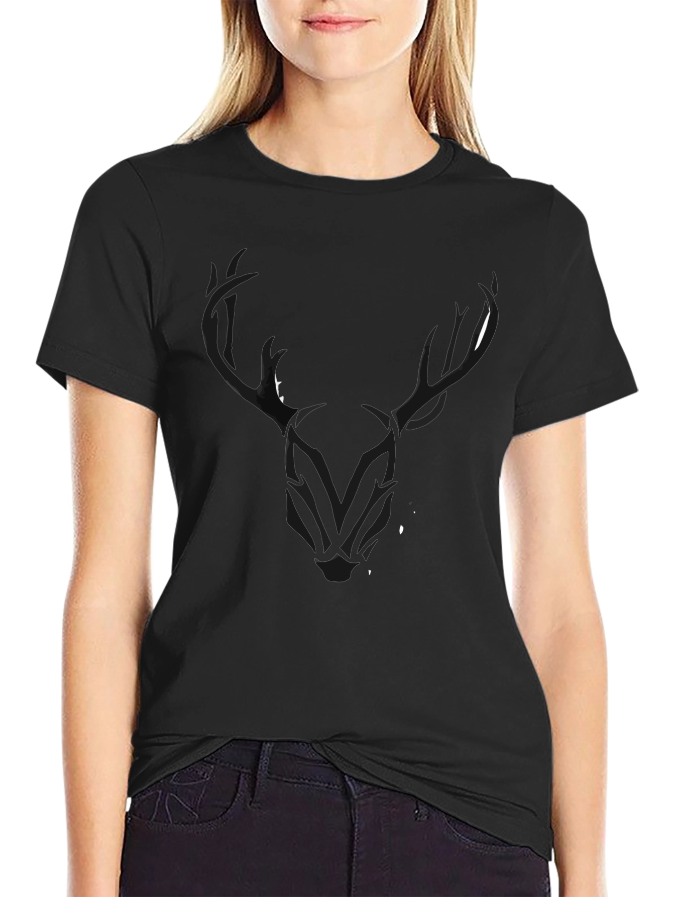 Mens Black T-Shirt with Stylized Deer Head Graphic