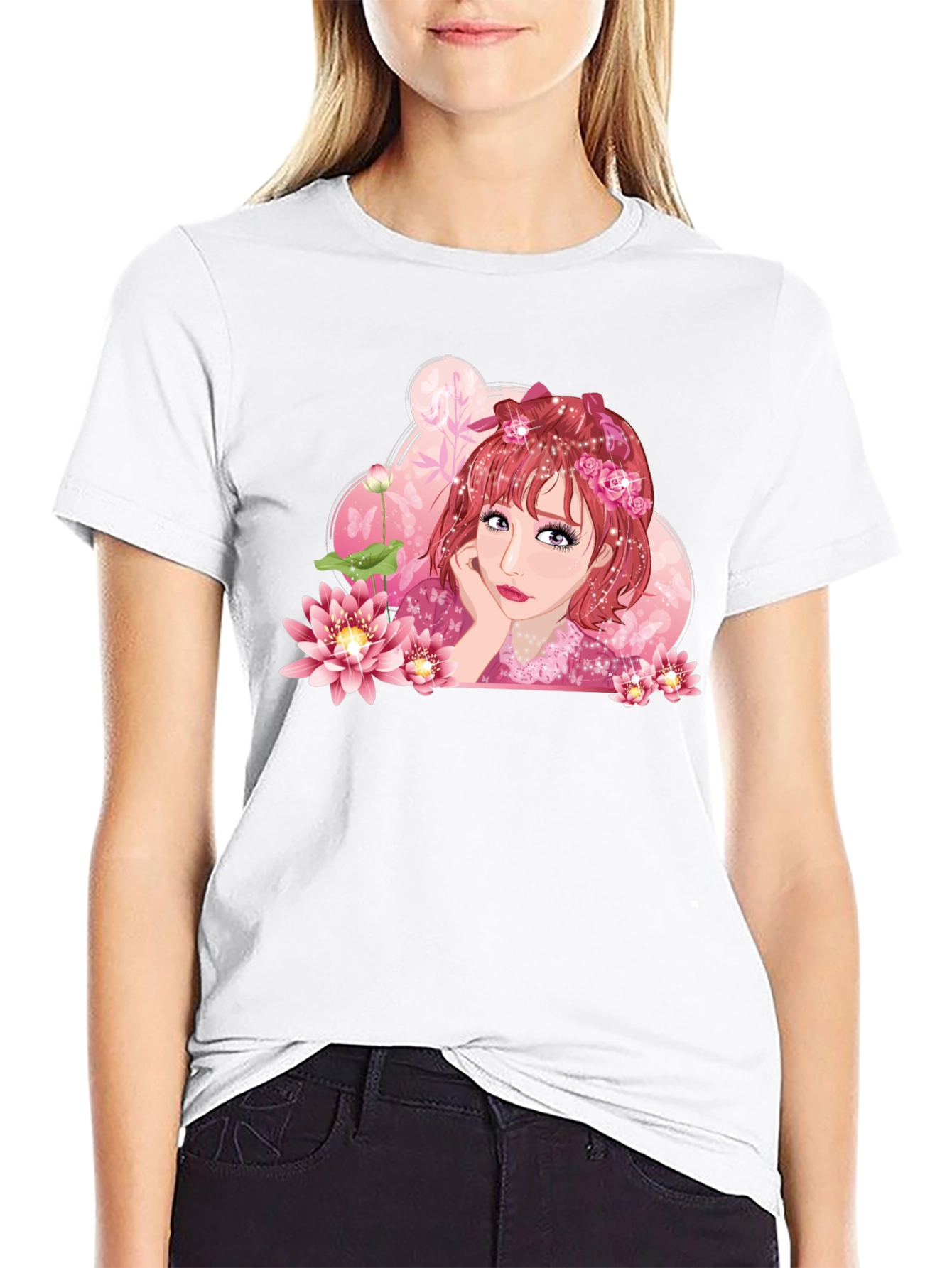 Anime Girl Lotus Black T-Shirt