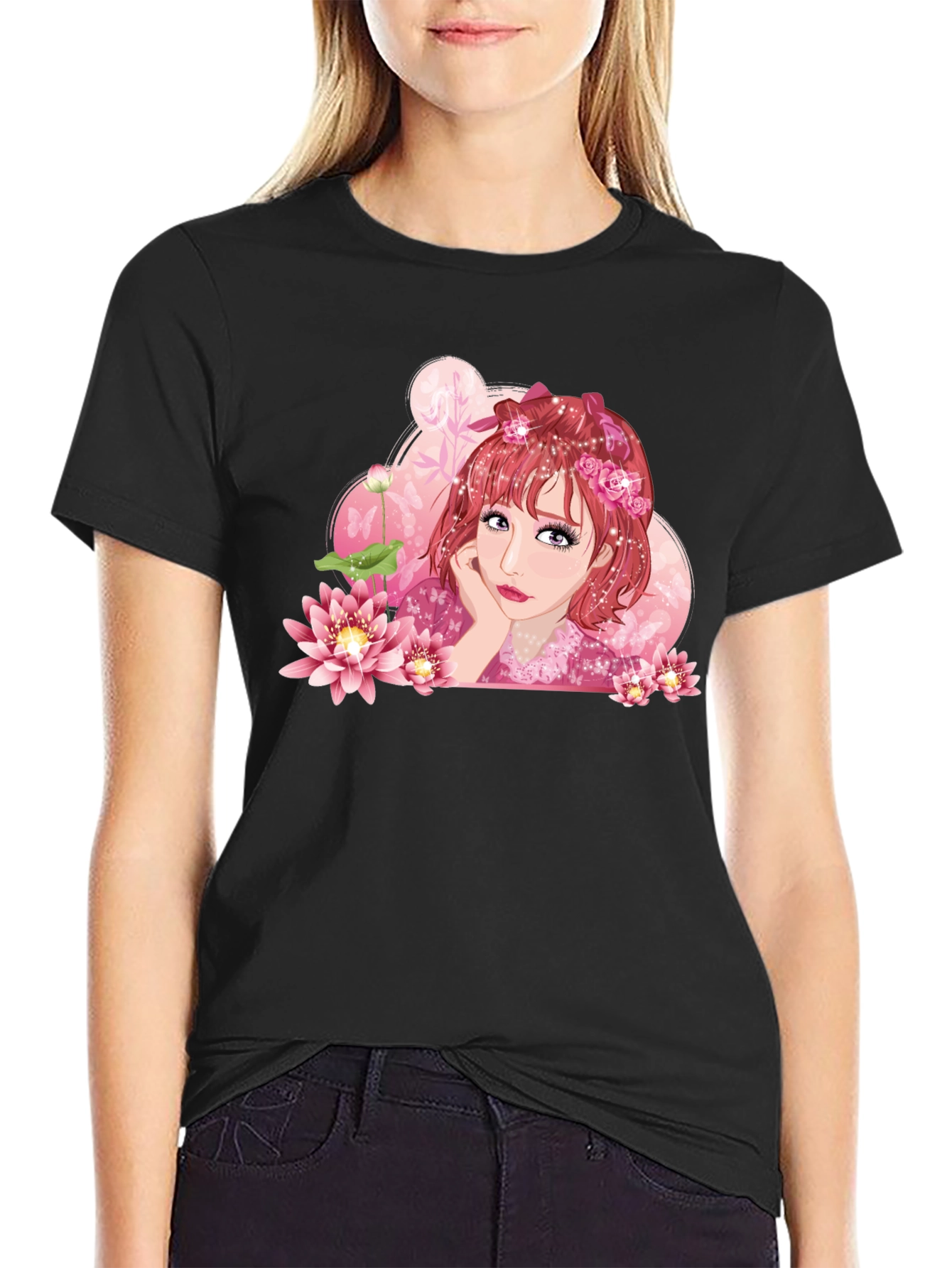 Anime Girl Lotus Black T-Shirt